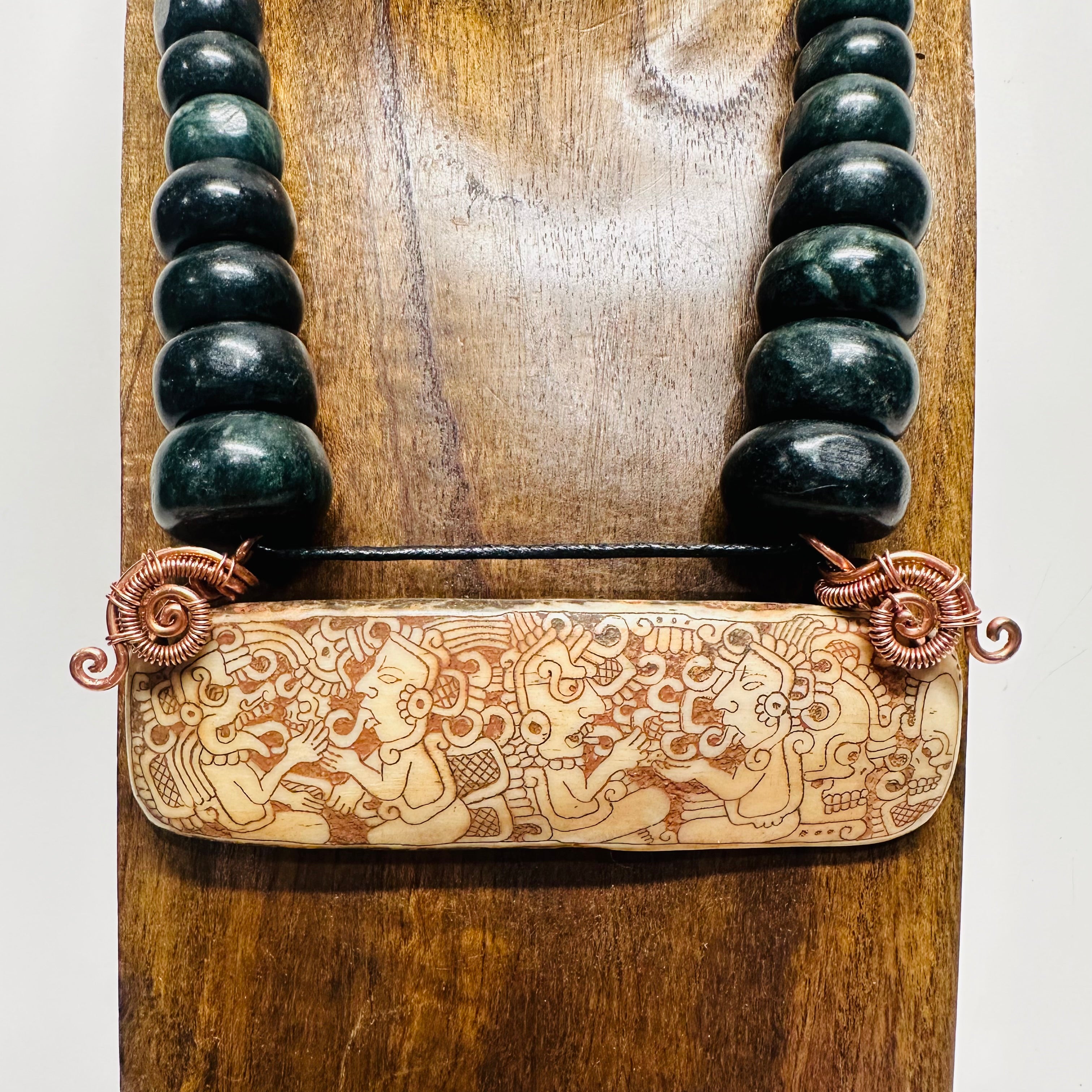 Necklace - Guatamala Jade with Hand Carved Bone Popol Vuh 6