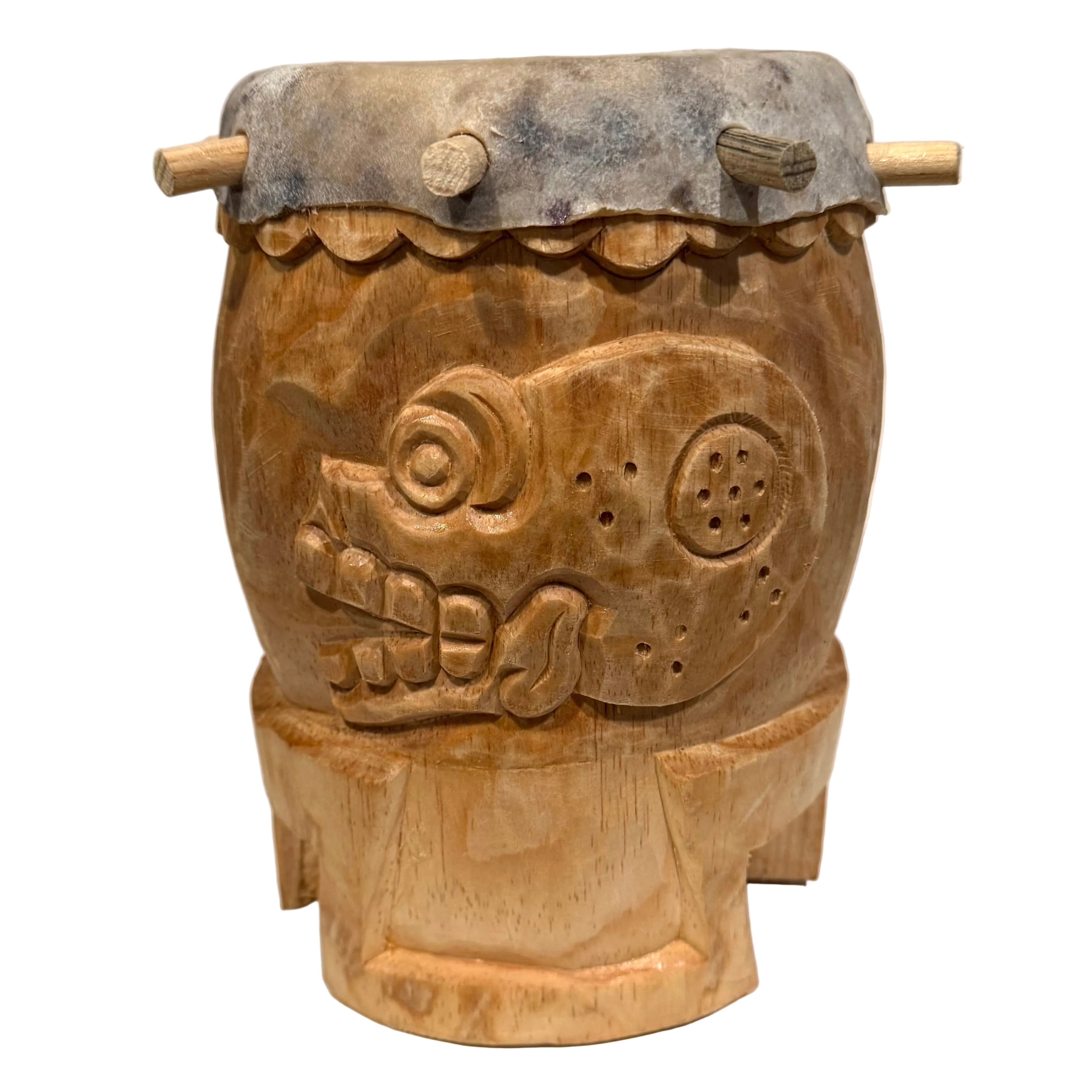 Drum (Huehuetl) - 10” tall Miquiztli Ozomatli (skull and monkey)