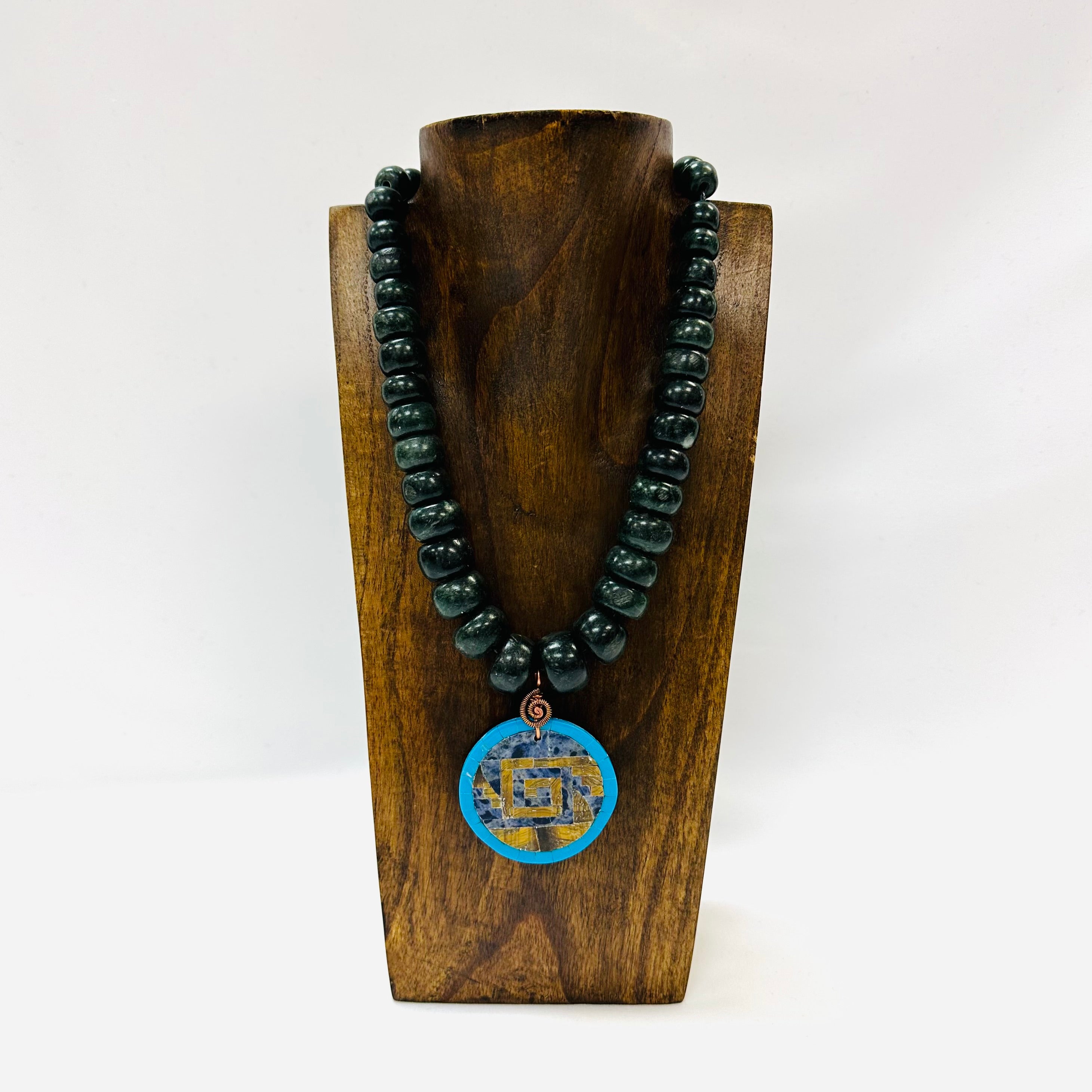 Necklace - Guatamala Jade w Obsidian mosaic shield