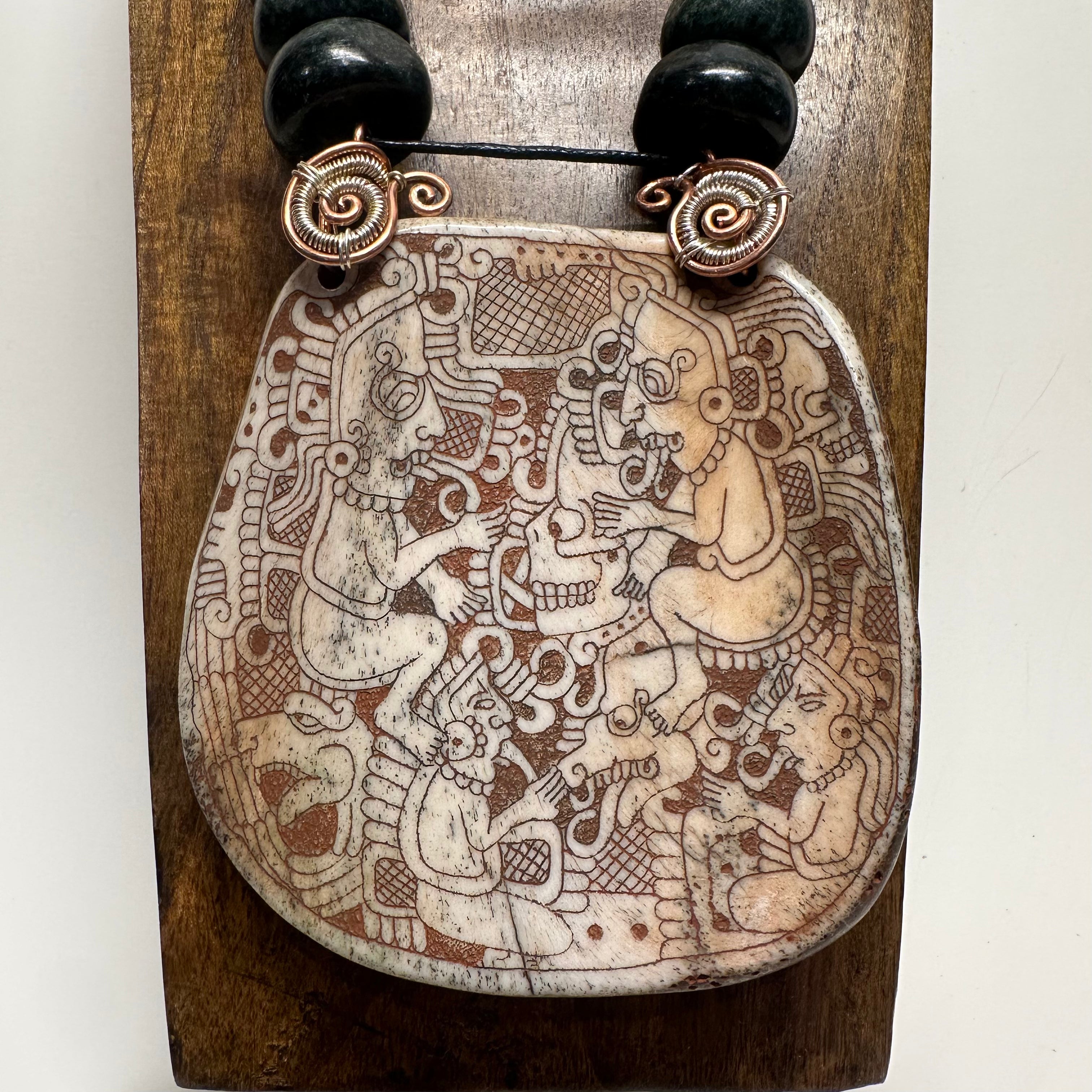 Necklace - Guatamala Jade with Hand Carved Bone Popol Vuh 4