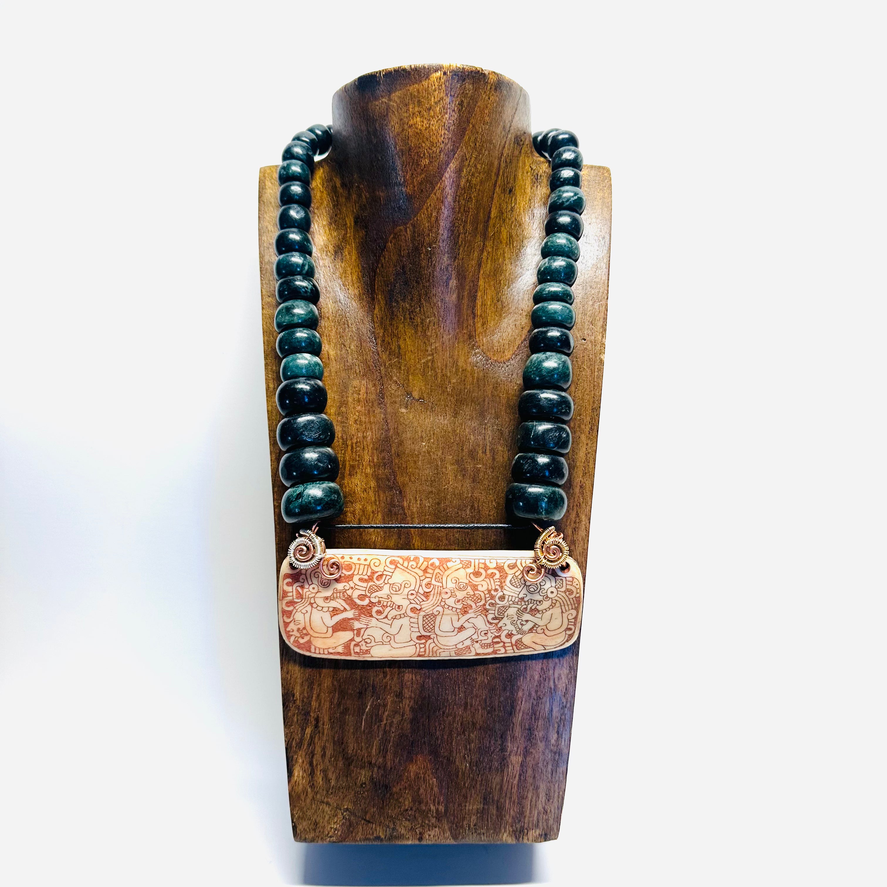 Necklace - Guatamala Jade with Hand Carved Bone Popol Vuh 5