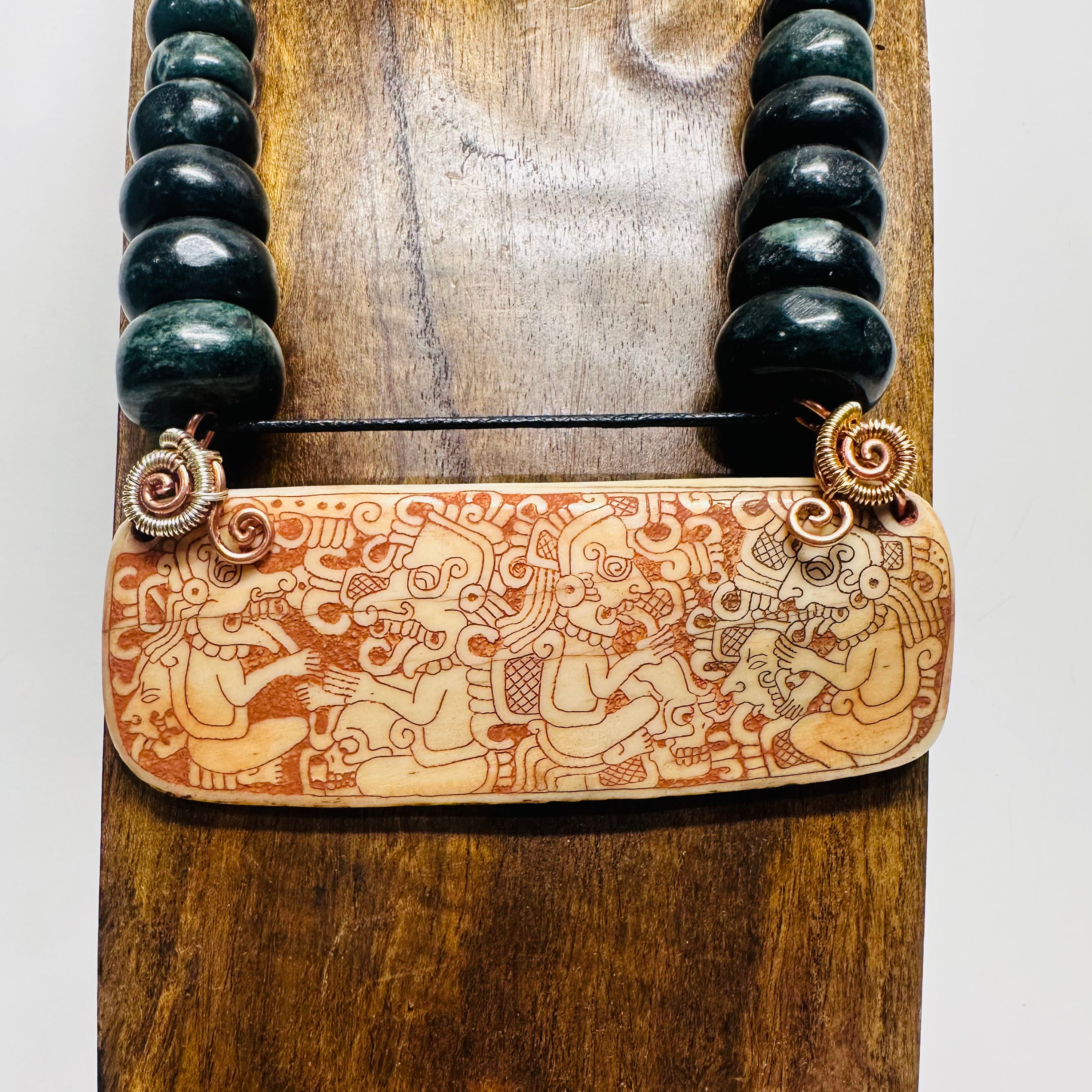 Necklace - Guatamala Jade with Hand Carved Bone Popol Vuh 5