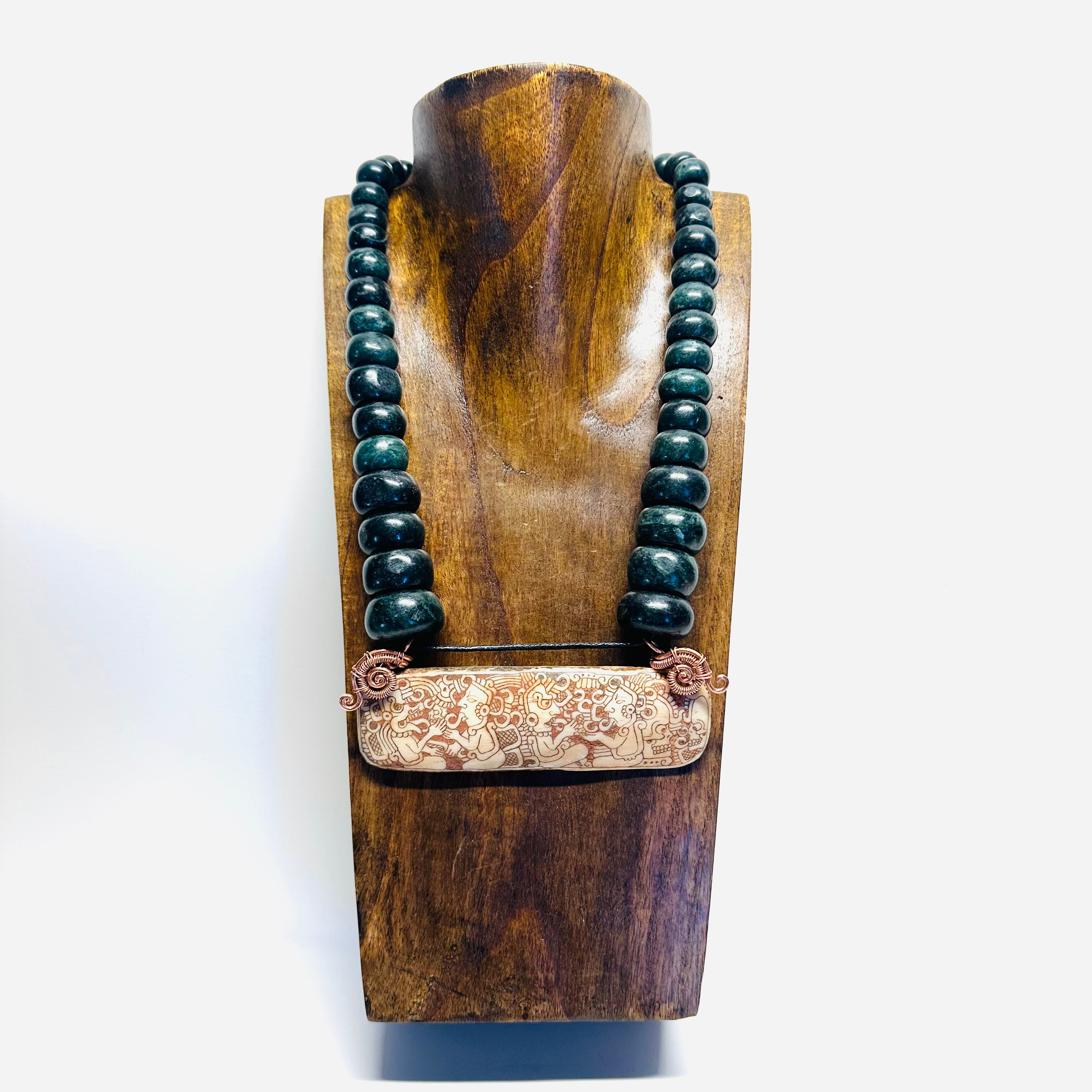 Necklace - Guatamala Jade with Hand Carved Bone Popol Vuh 6
