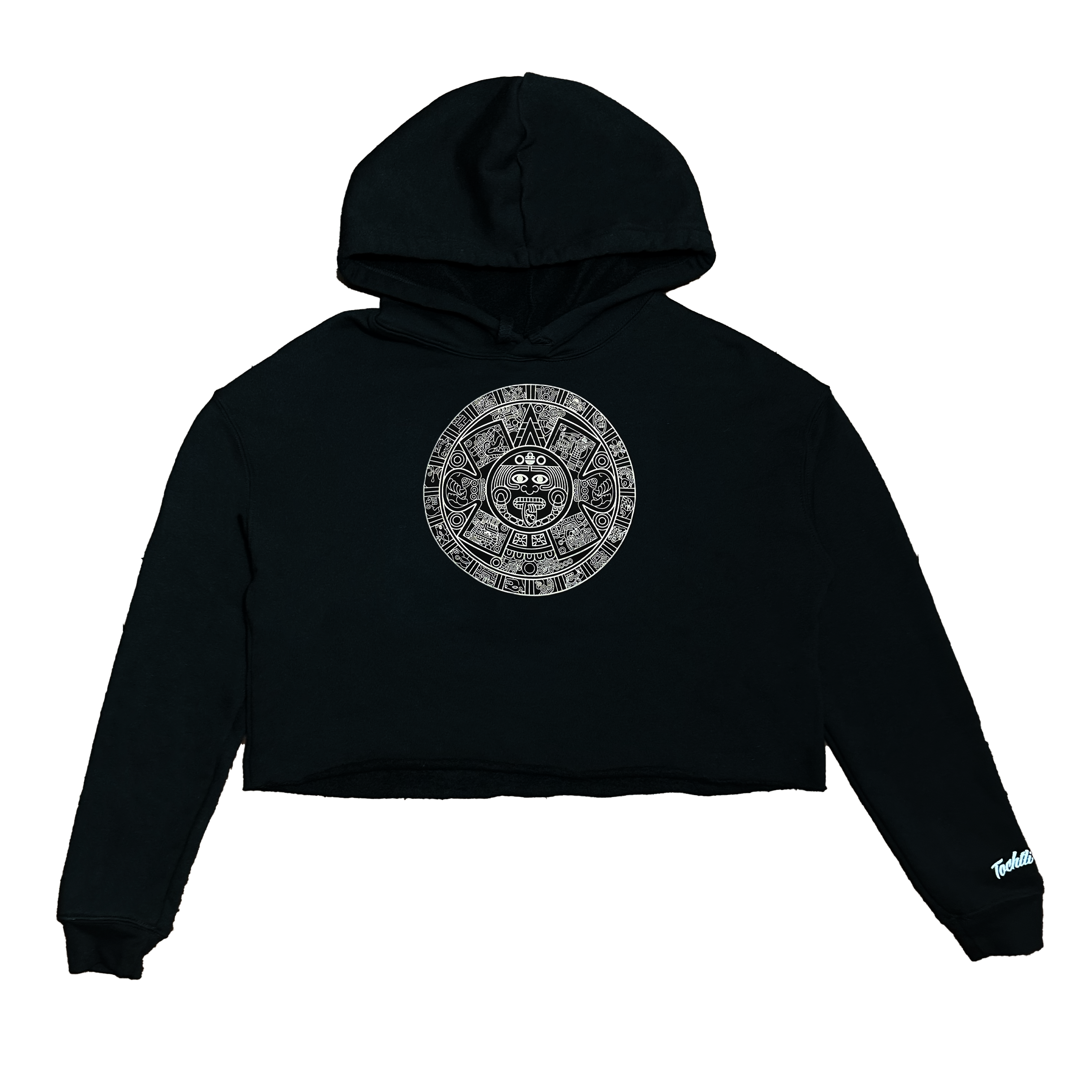 Crop Top Hoodie - Aztec Calendar - Black