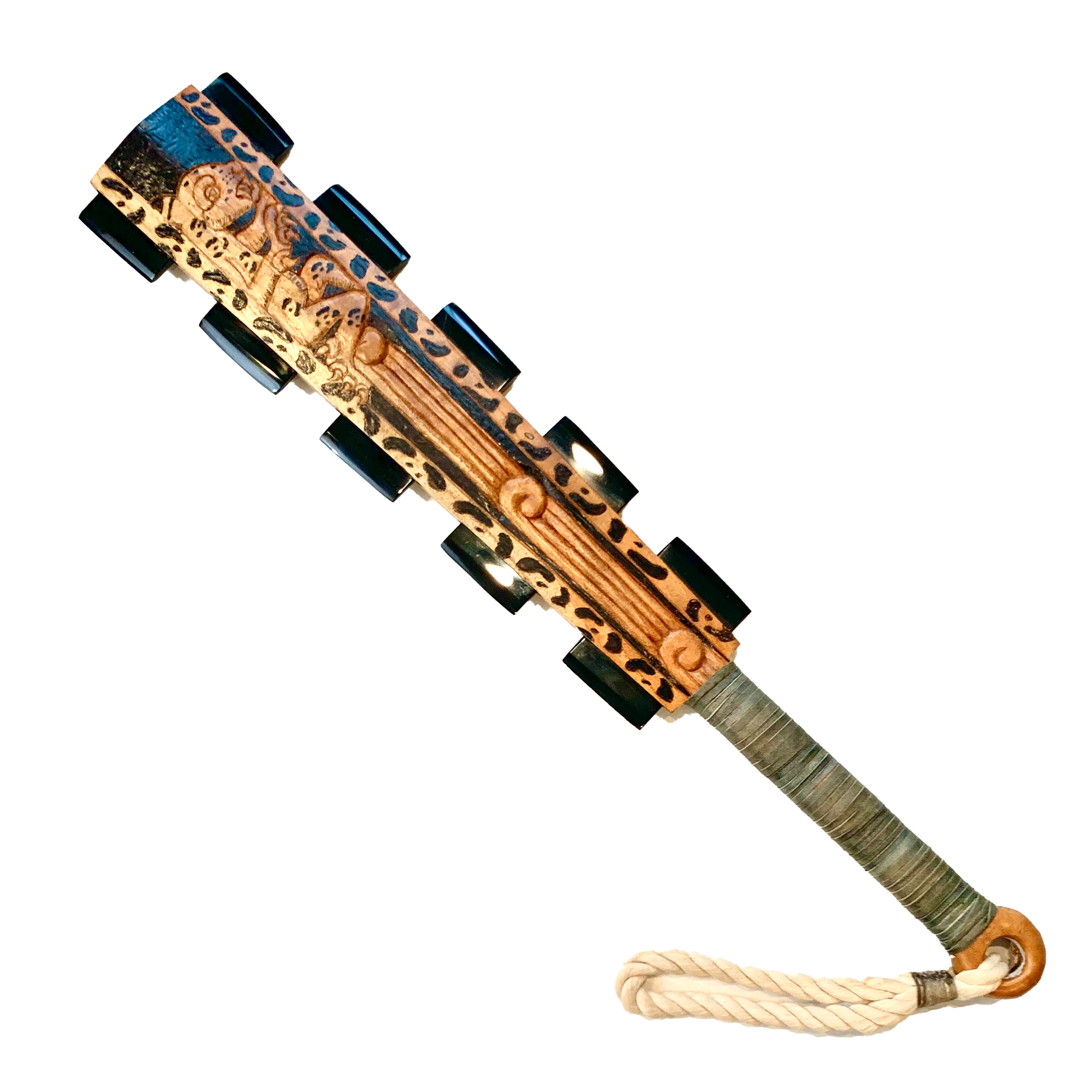 Macuahuitl (Aztec Club) - Eagle Jaguar - 27" handmade wooden macuahuitl with Eagle Jaguar design, wooden handle, and obsidian-style blade details.