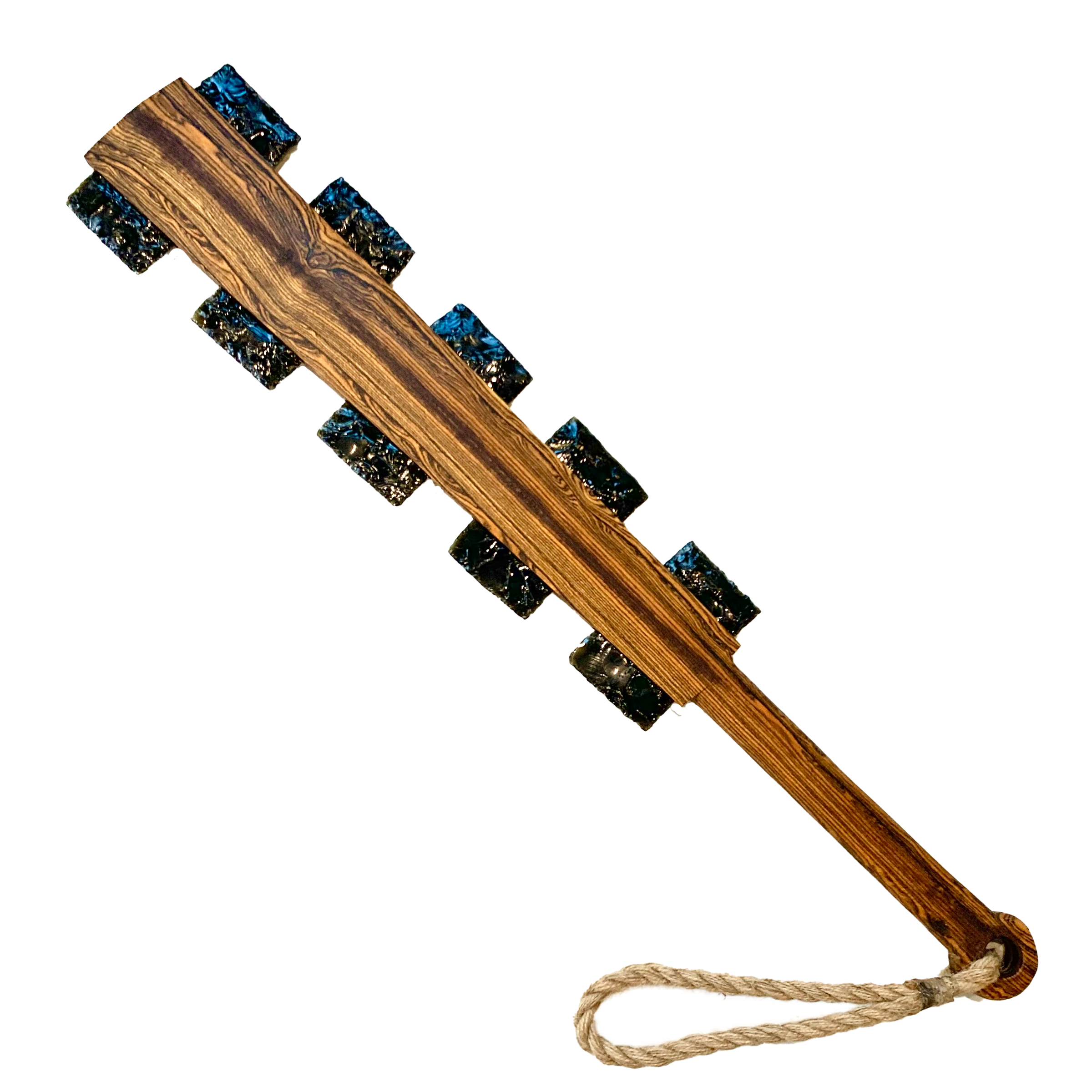 Macuahuitl (Aztec Club) - Bocote - 27" handmade wooden macuahuitl with Bocote design, wooden handle, and obsidian-style blade details.