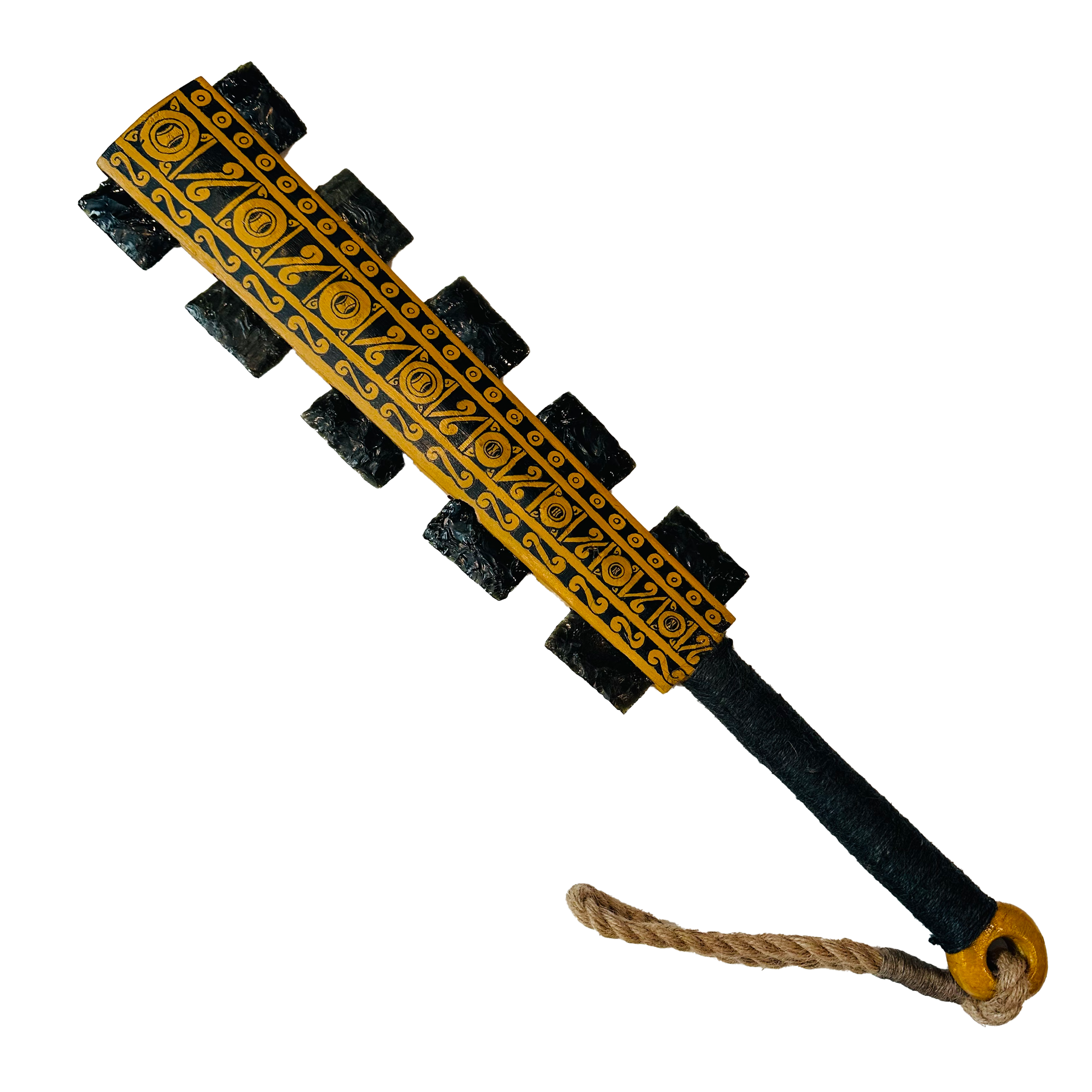 Macuahuitl (Aztec Club) - Painted - 27" handmade wooden macuahuitl with Painted design, wooden handle, and obsidian-style blade details.