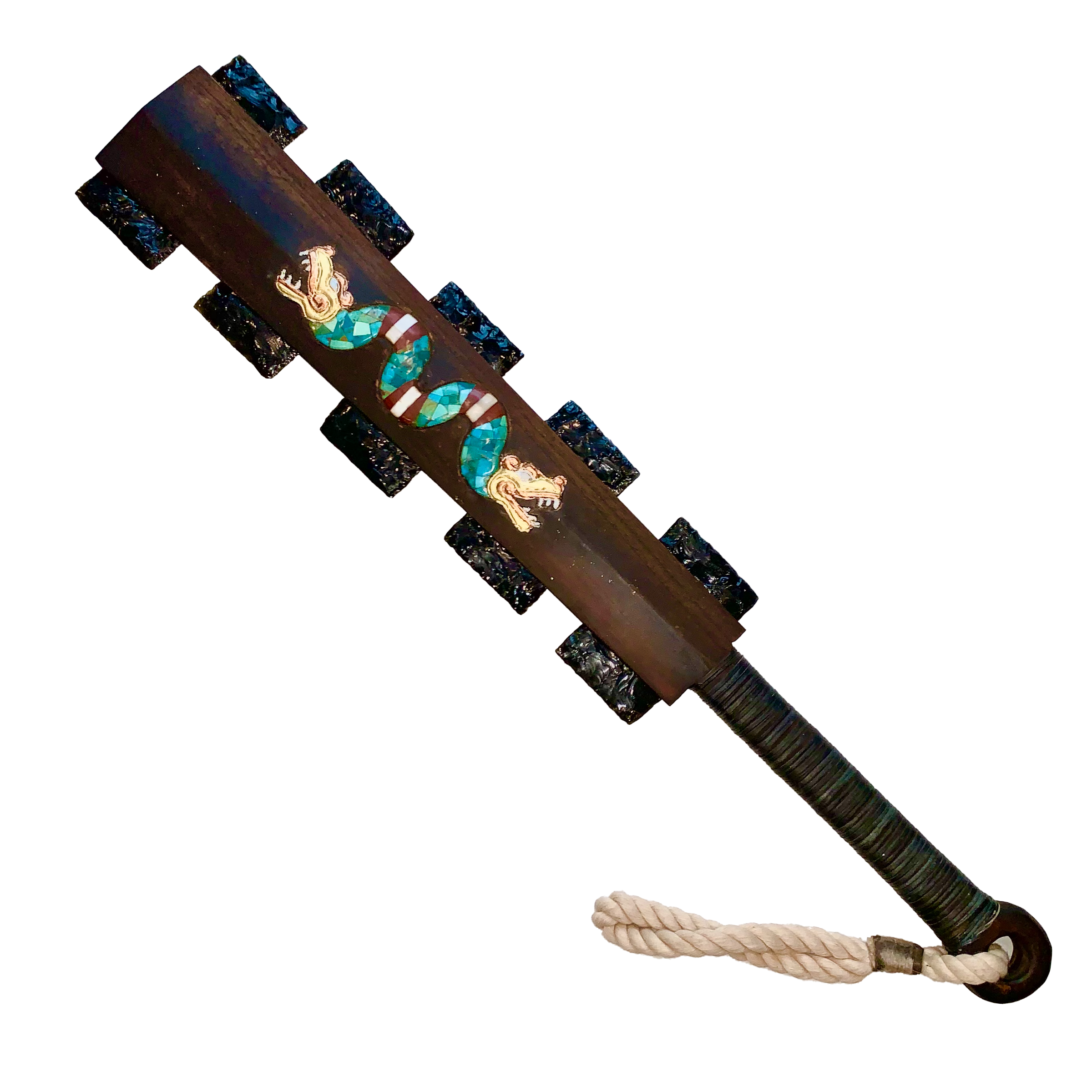 Macuahuitl (Aztec Club) - Mosaic Snake - 27" handmade wooden macuahuitl with Mosaic Snake design, wooden handle, and obsidian-style blade details.