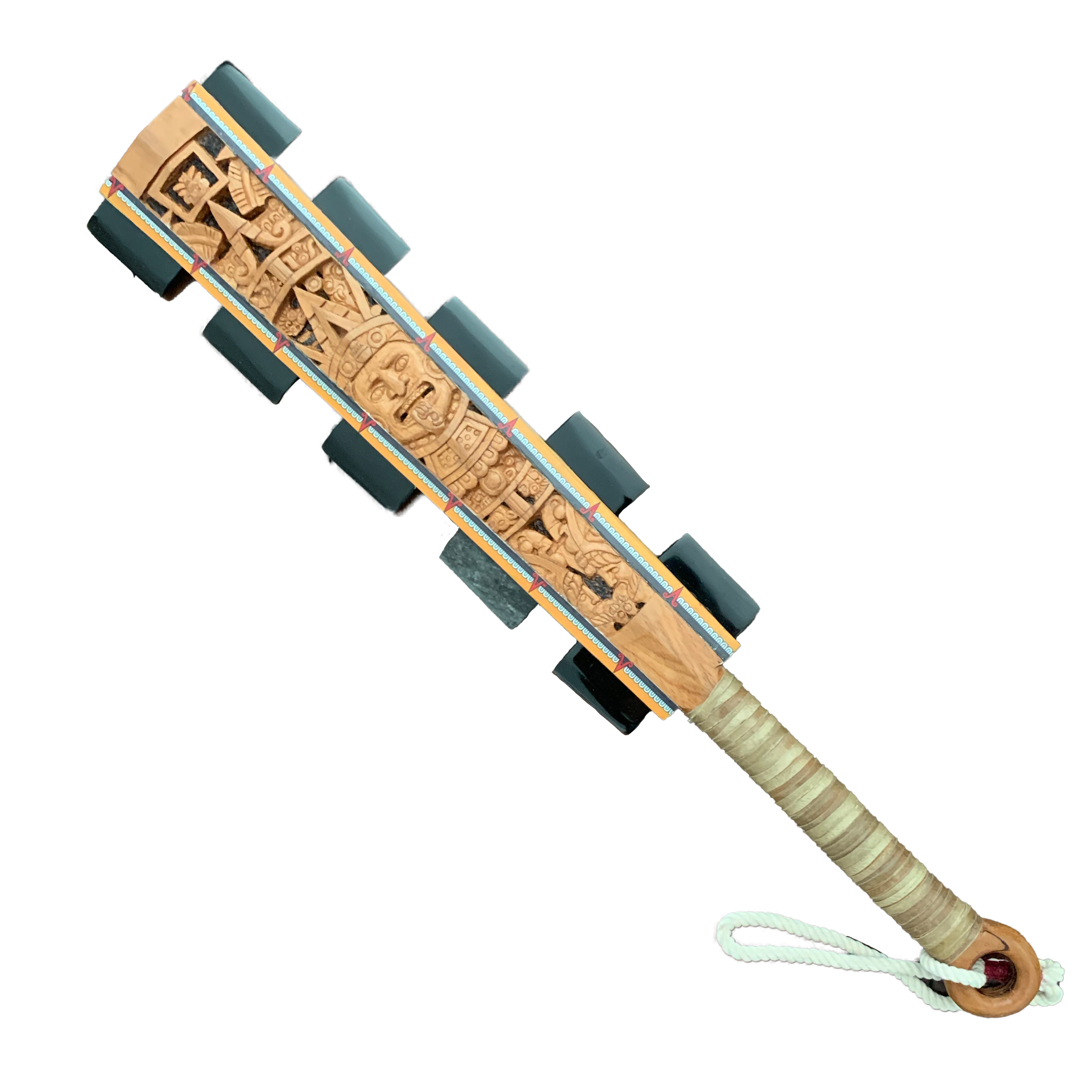 Macuahuitl (Aztec Club) - Aztec Calendar - 27" handmade wooden macuahuitl with Aztec Calendar design, wooden handle, and obsidian-style blade details.