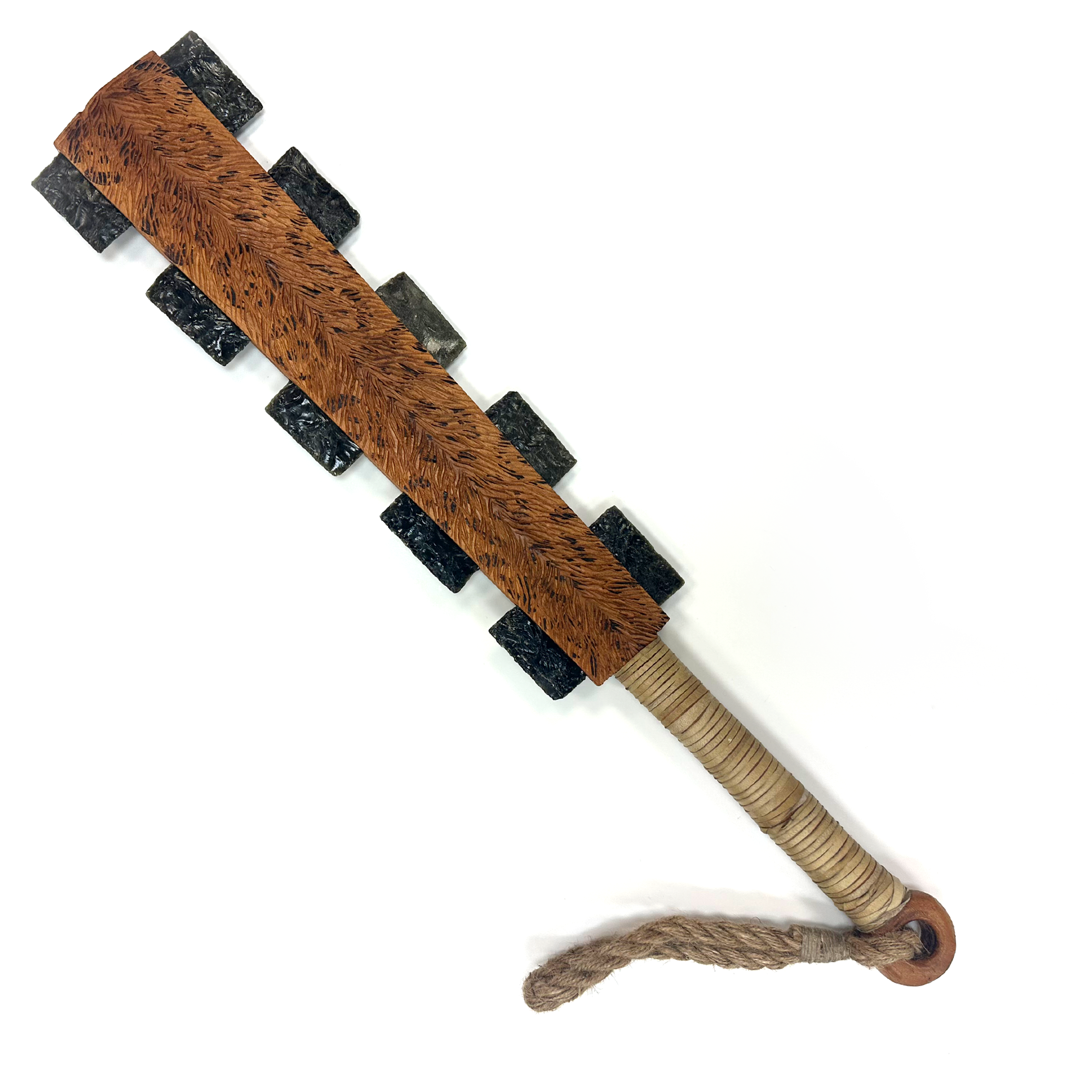 Macuahuitl (Aztec Club) - Jaguar Print 2 - 27" handmade wooden macuahuitl with Jaguar Print 2 design, wooden handle, and obsidian-style blade details.
