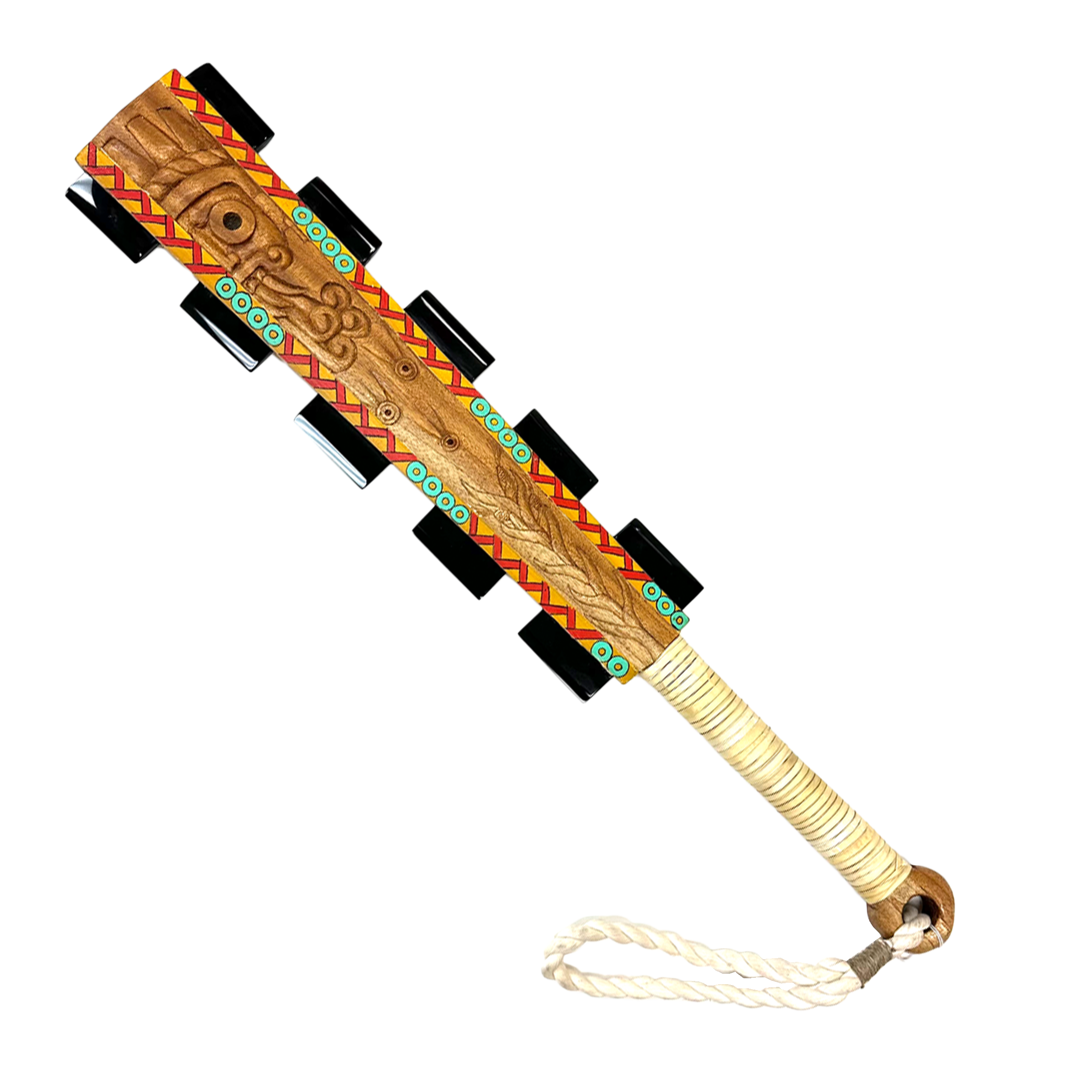 Macuahuitl (Aztec Club) - Tlaloc - 27" handmade wooden macuahuitl with Tlaloc design, wooden handle, and obsidian-style blade details.