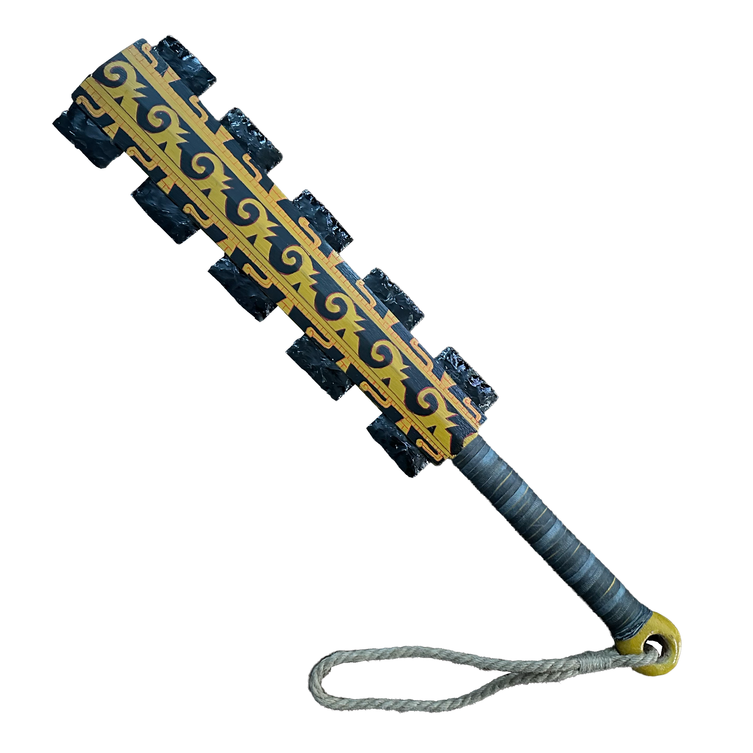 Macuahuitl (Aztec Club) - Painted 2 - 27" handmade wooden macuahuitl with Painted 2 design, wooden handle, and obsidian-style blade details.