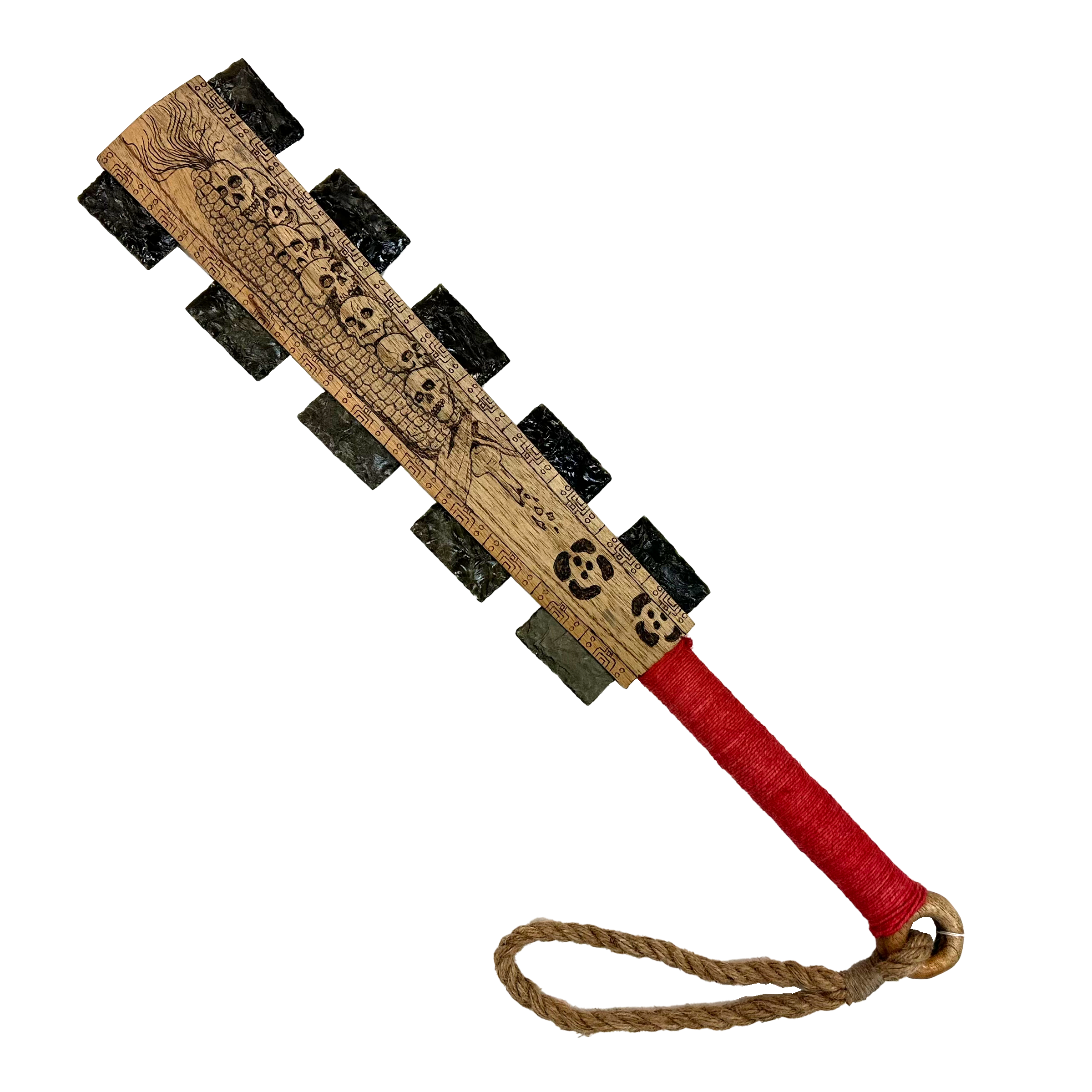 Macuahuitl (Aztec Club) - Skulls - 27" handmade wooden macuahuitl with Skulls design, wooden handle, and obsidian-style blade details.