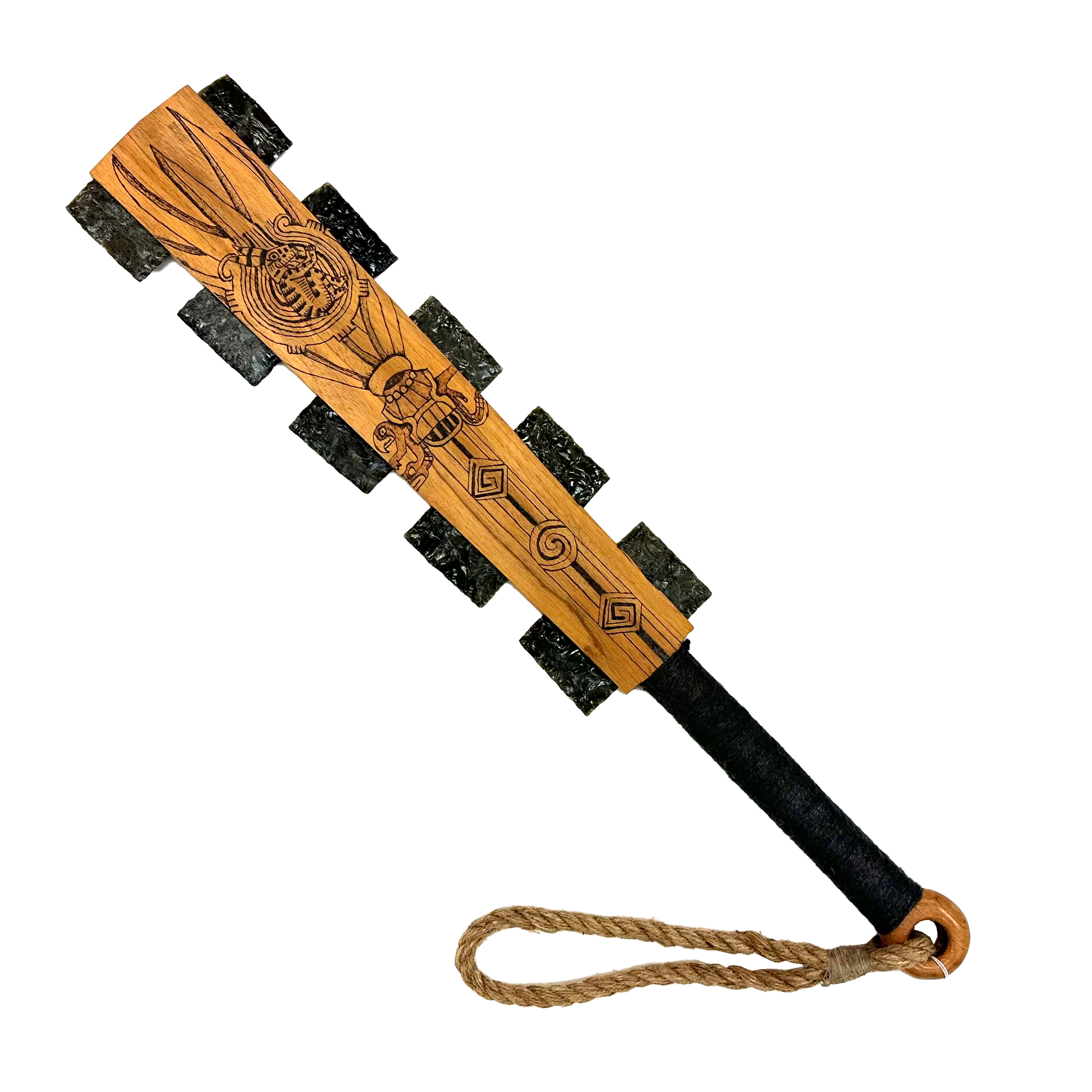 Macuahuitl (Aztec Club) - Tochtli - 27" handmade wooden macuahuitl with Tochtli design, wooden handle, and obsidian-style blade details.