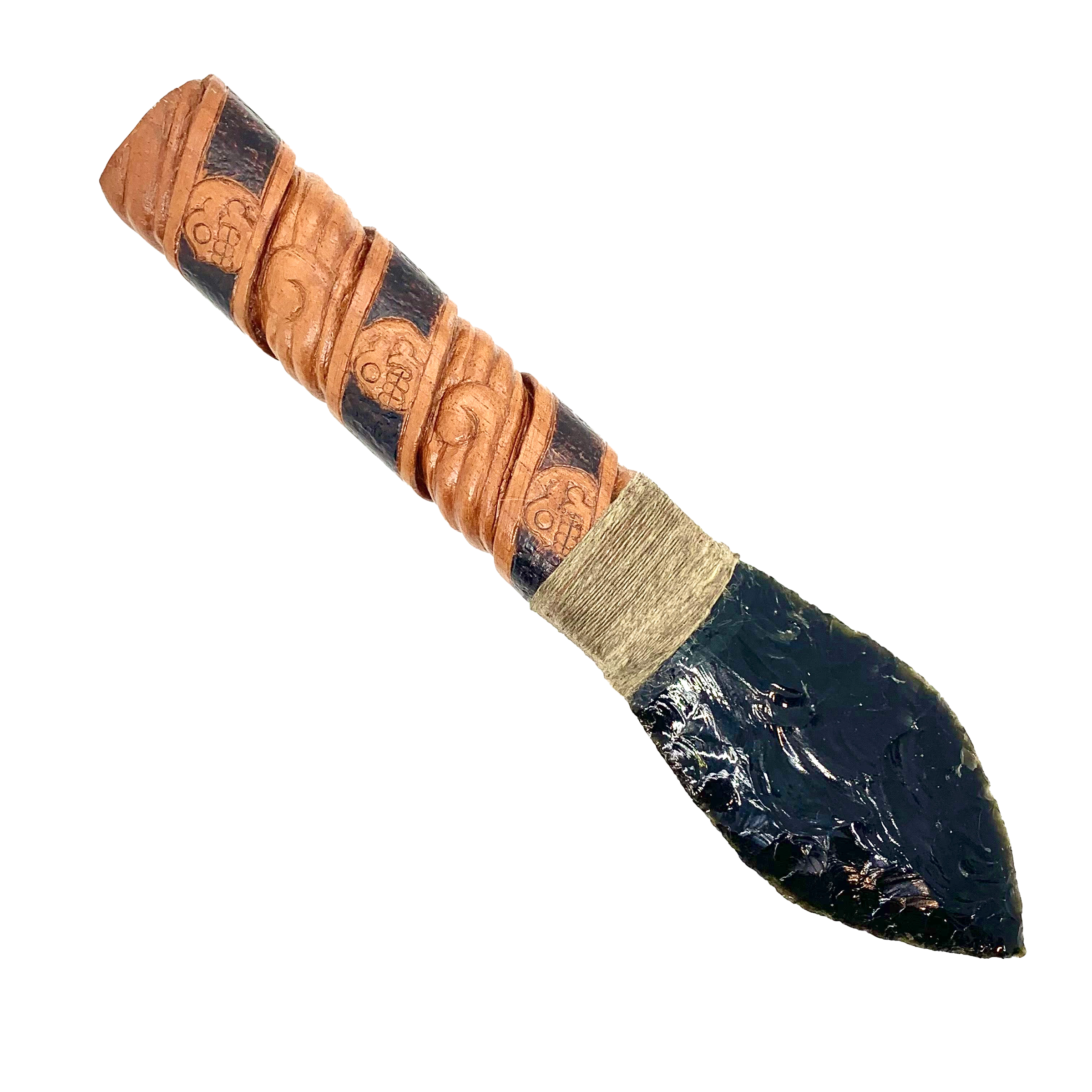 Tecpatl - Obsidian blade w wood swirl skulls handle