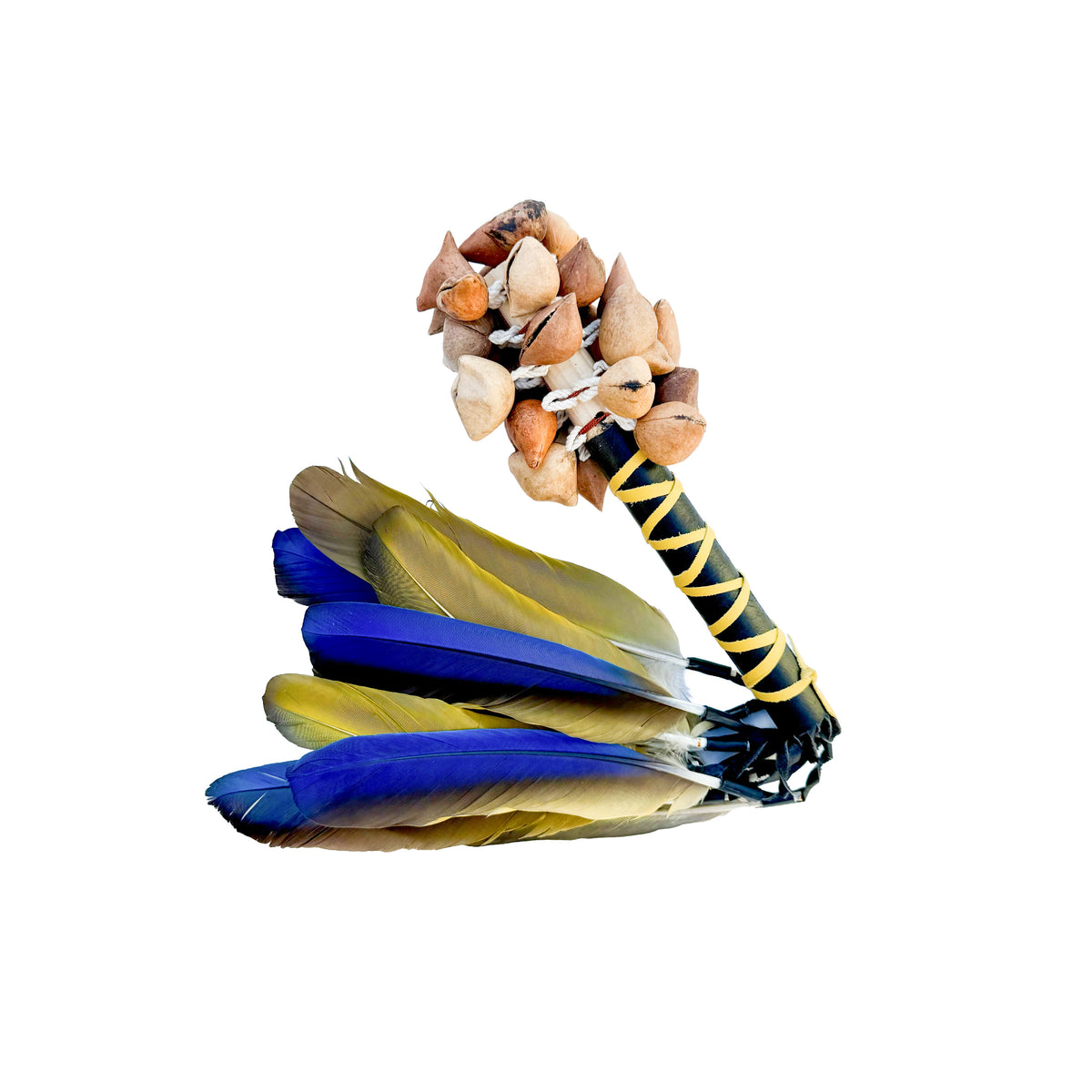 A decorative feather and shell accessory on a plain white background, featuring blue and olive-green feathers attached to a black wrapped stem topped with small natural shells.