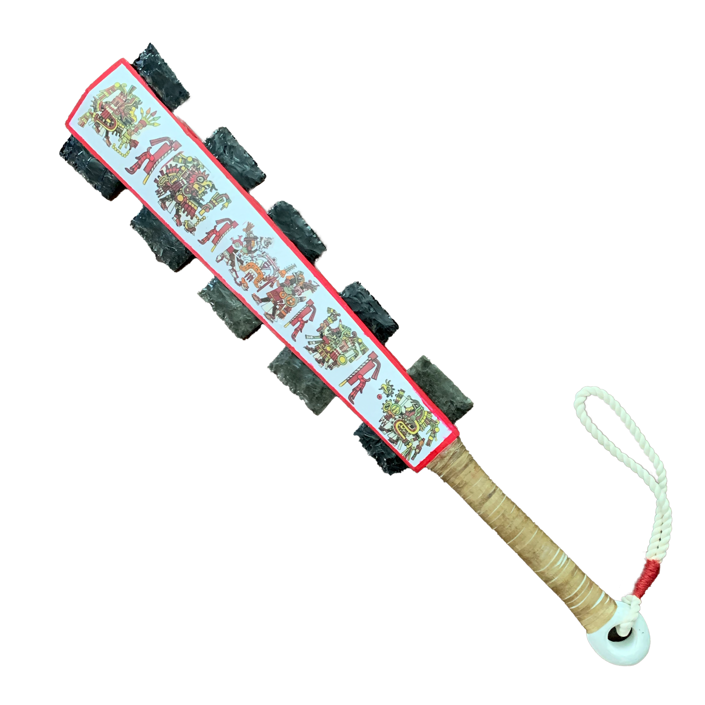 Macuahuitl (Aztec Club) - Codice - 27" handmade wooden macuahuitl with Codice design, wooden handle, and obsidian-style blade details.