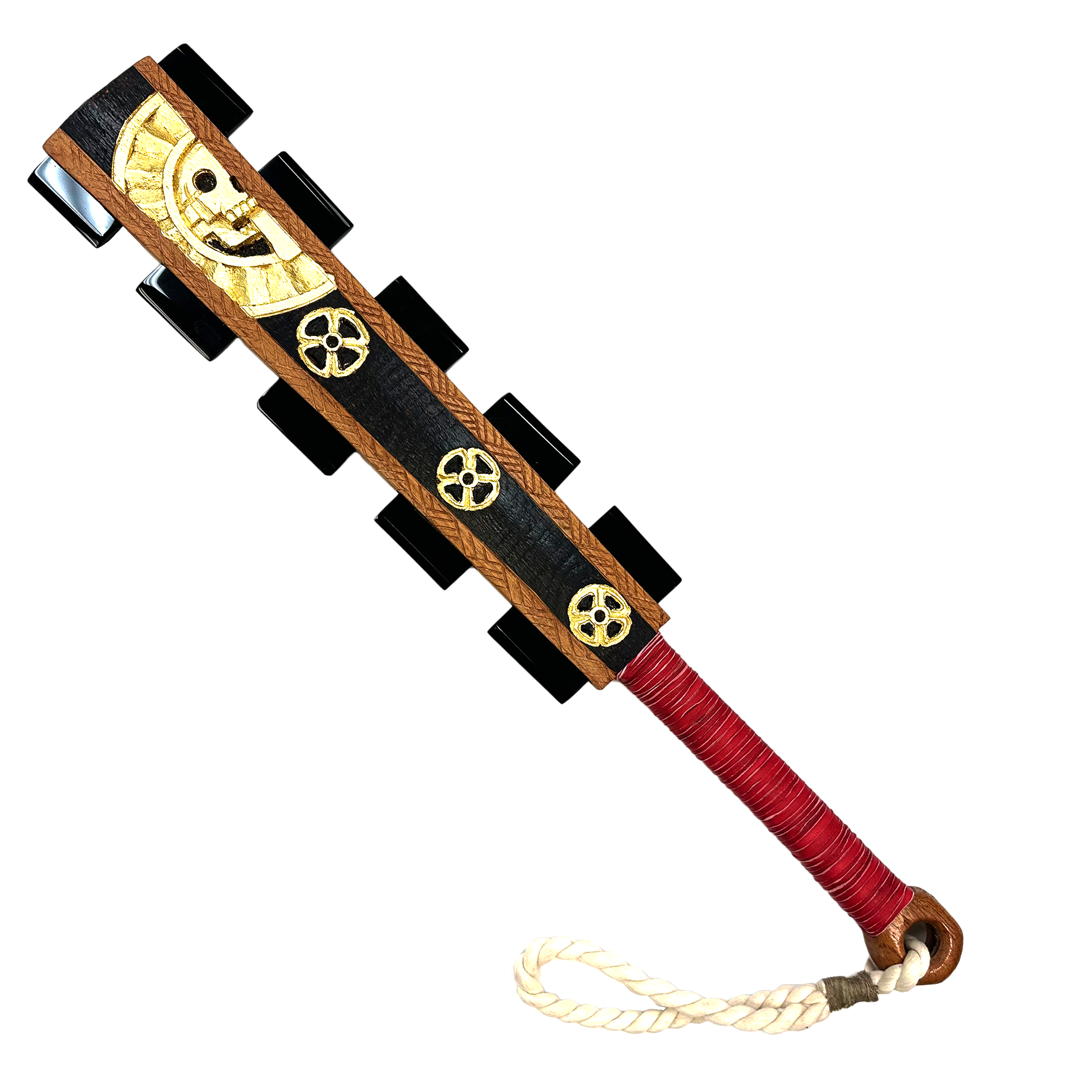 Macuahuitl (Aztec Club) - Gold Teotihuacan - 27" handmade wooden macuahuitl with Gold Teotihuacan design, wooden handle, and obsidian-style blade details.