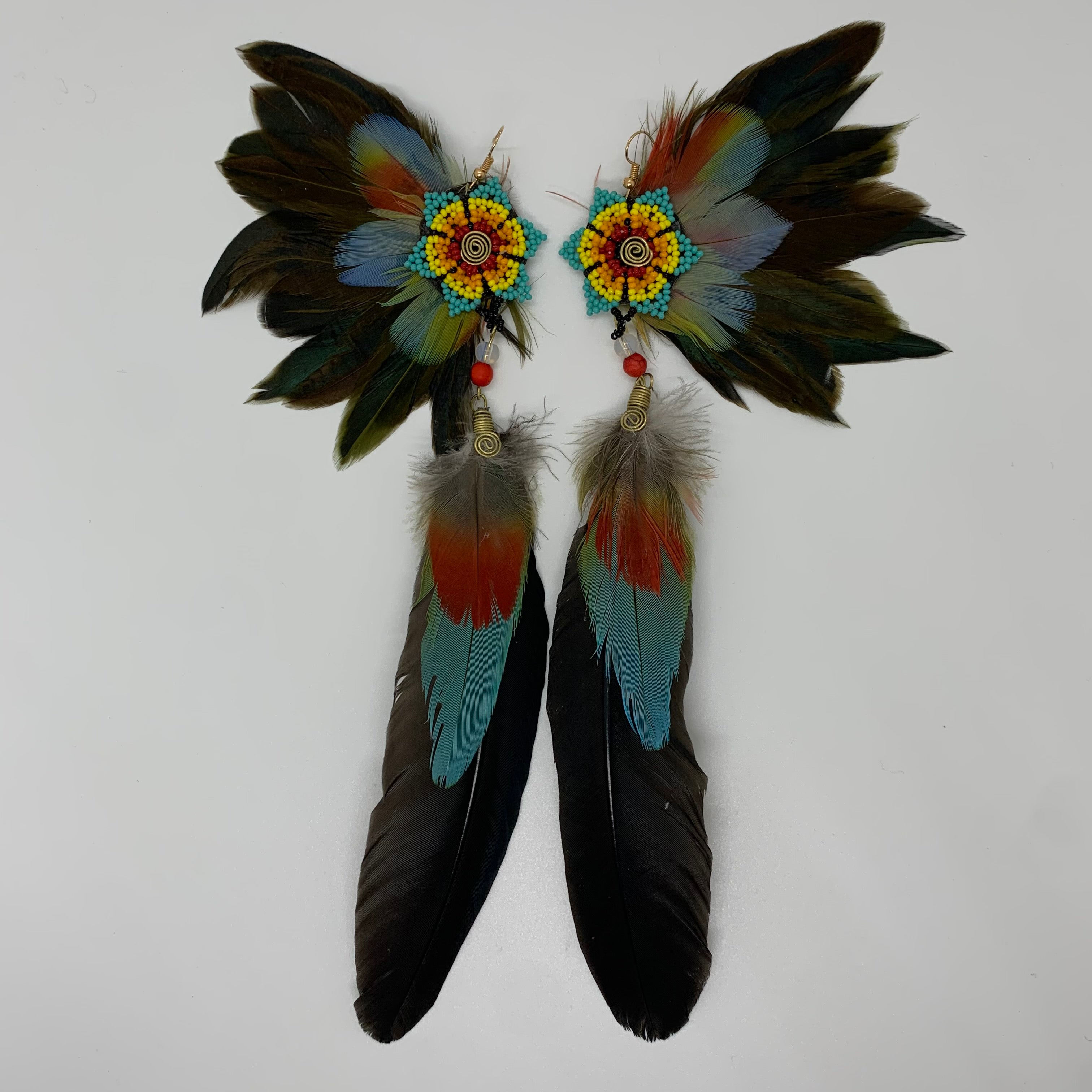 Feather Wing Earrings w Beaded flower 49