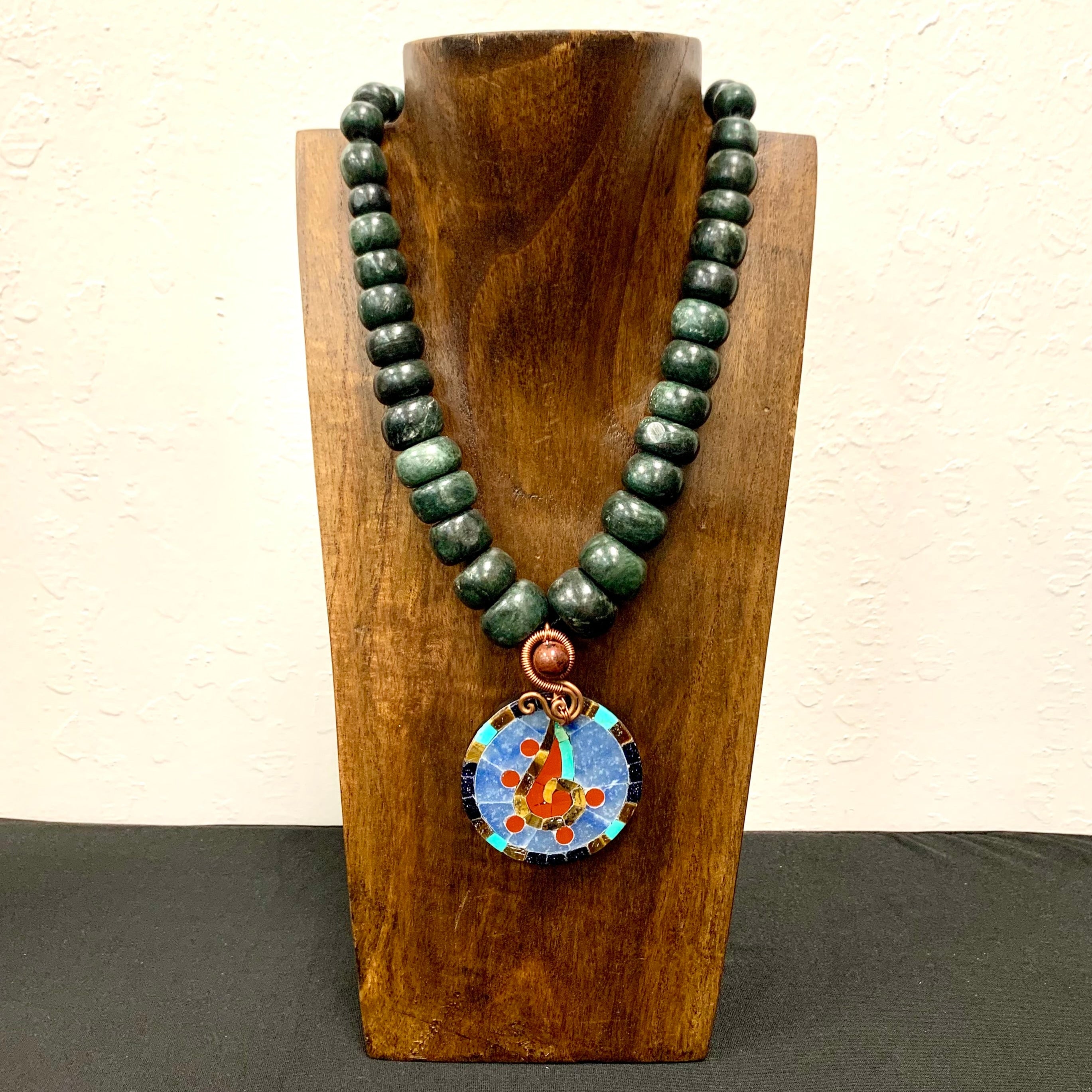 Necklace - Guatamala Jade w obsidian mosaic shield 5