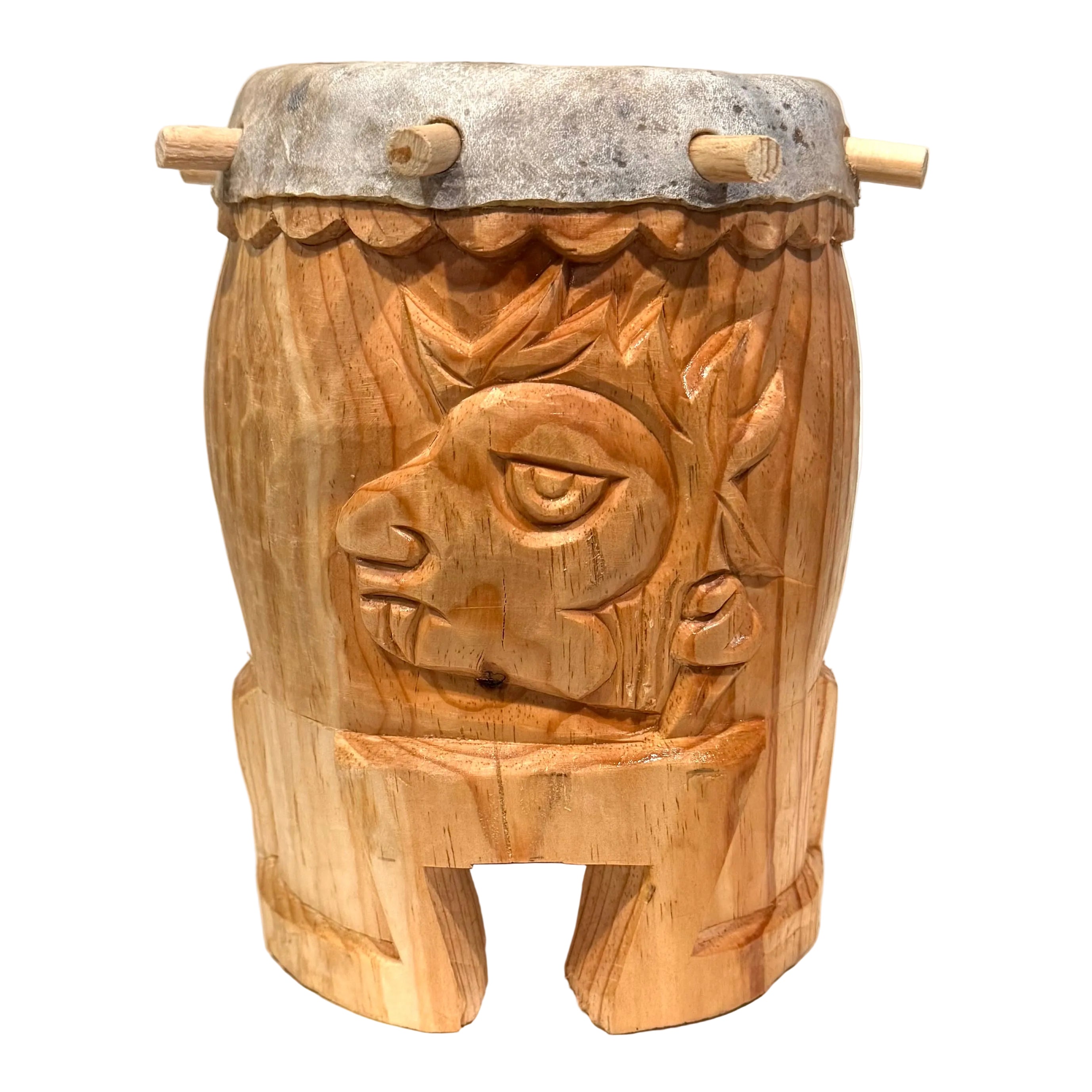 Drum (Huehuetl) - 10” tall Miquiztli Ozomatli (skull and monkey)