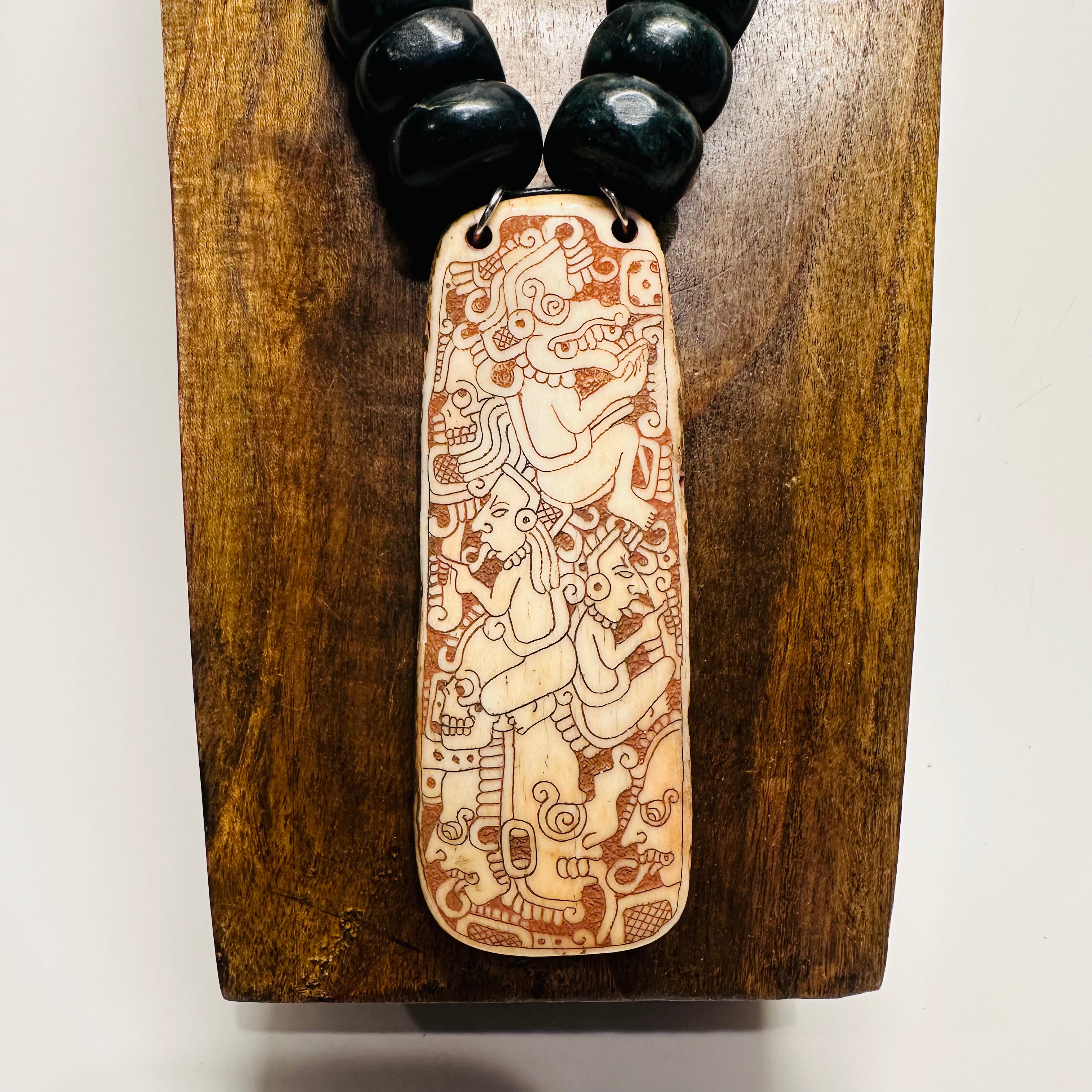 Necklace - Guatamala Jade with Hand Carved Bone Popol Vuh 1