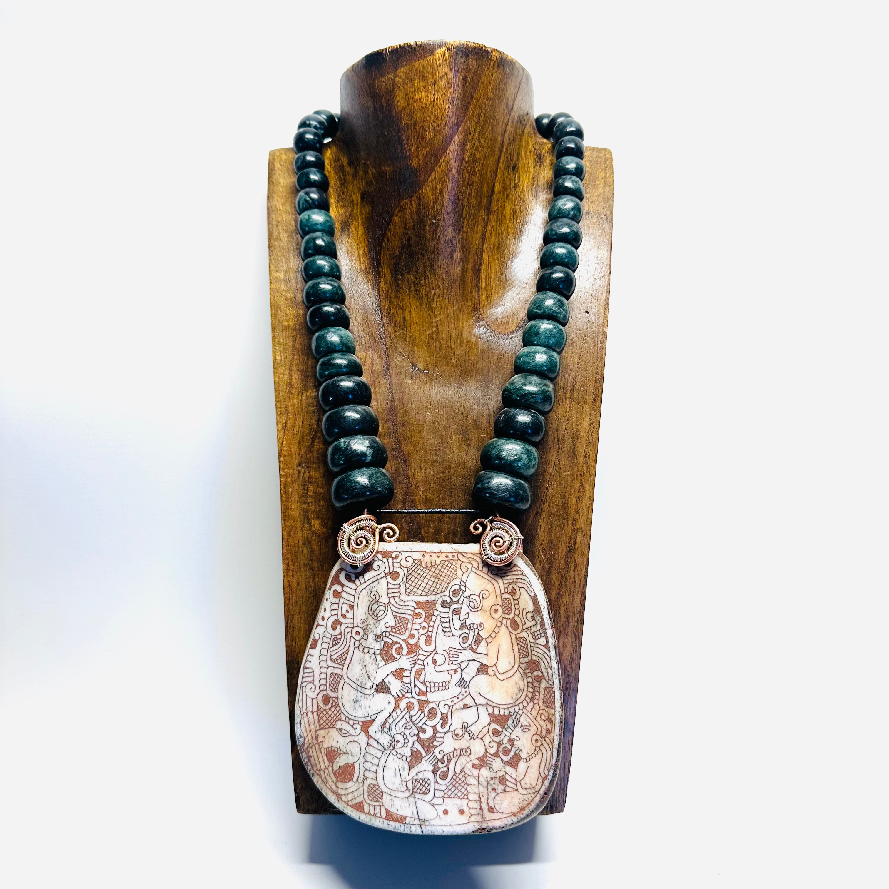 Necklace - Guatamala Jade with Hand Carved Bone Popol Vuh 4