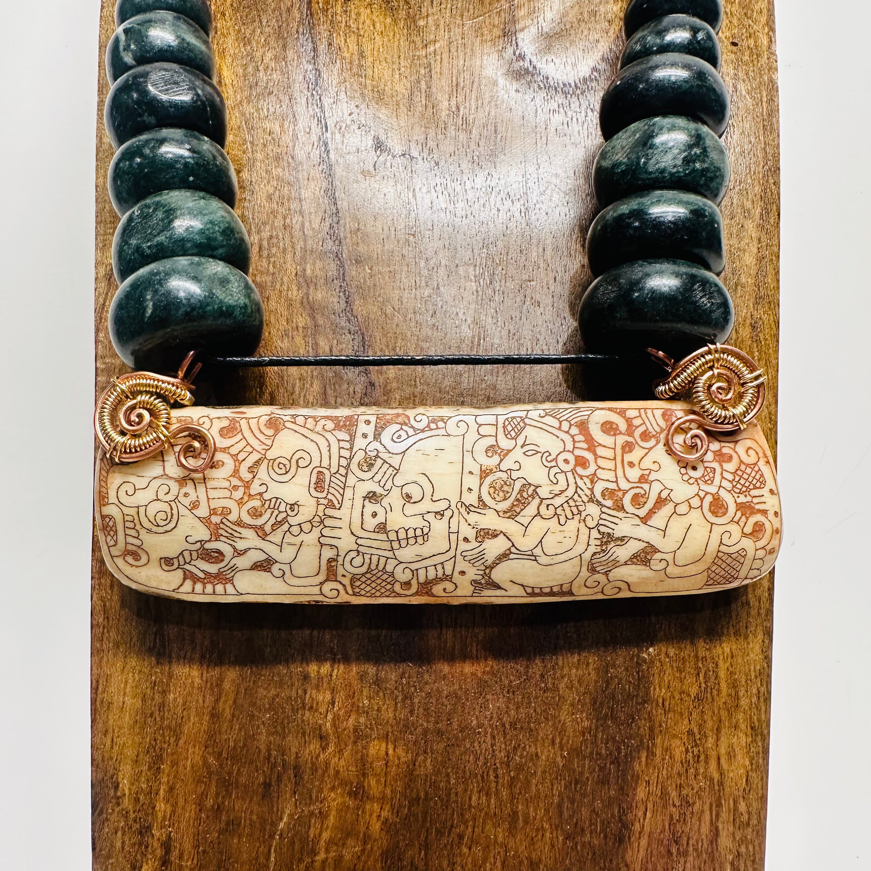 Necklace - Guatamala Jade with Hand Carved Bone Popol Vuh 2