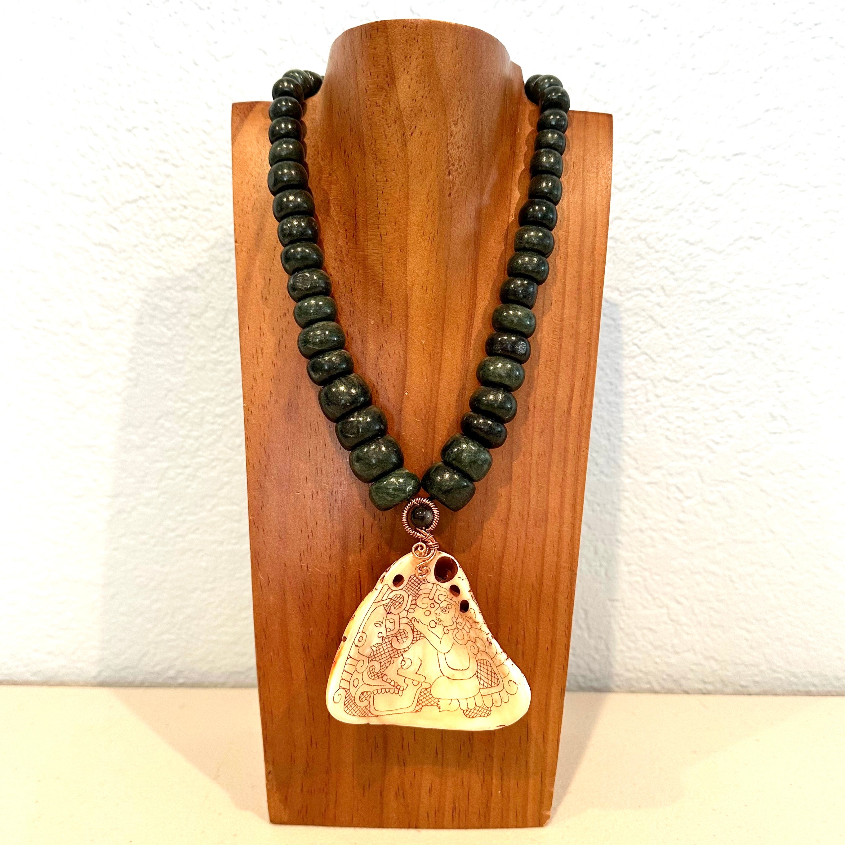 Necklace - Guatamala Jade w engraved shell 1
