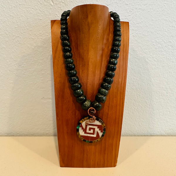 Necklace - Guatamala Jade w obsidian mosaic shield