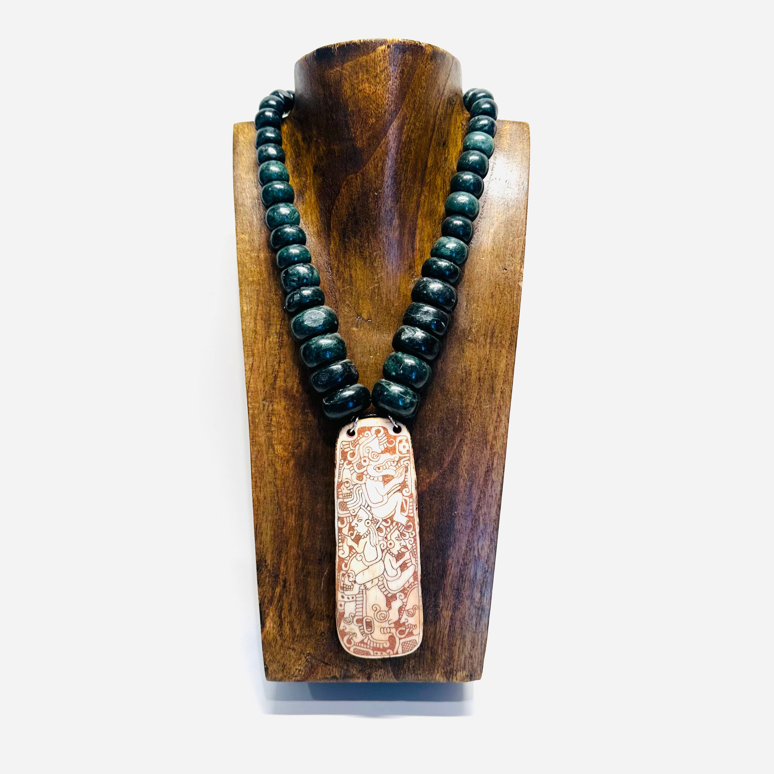Necklace - Guatamala Jade with Hand Carved Bone Popol Vuh 1