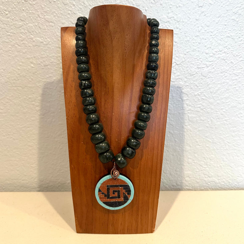 Necklace - Guatamala Jade w Obsidian mosaic shield