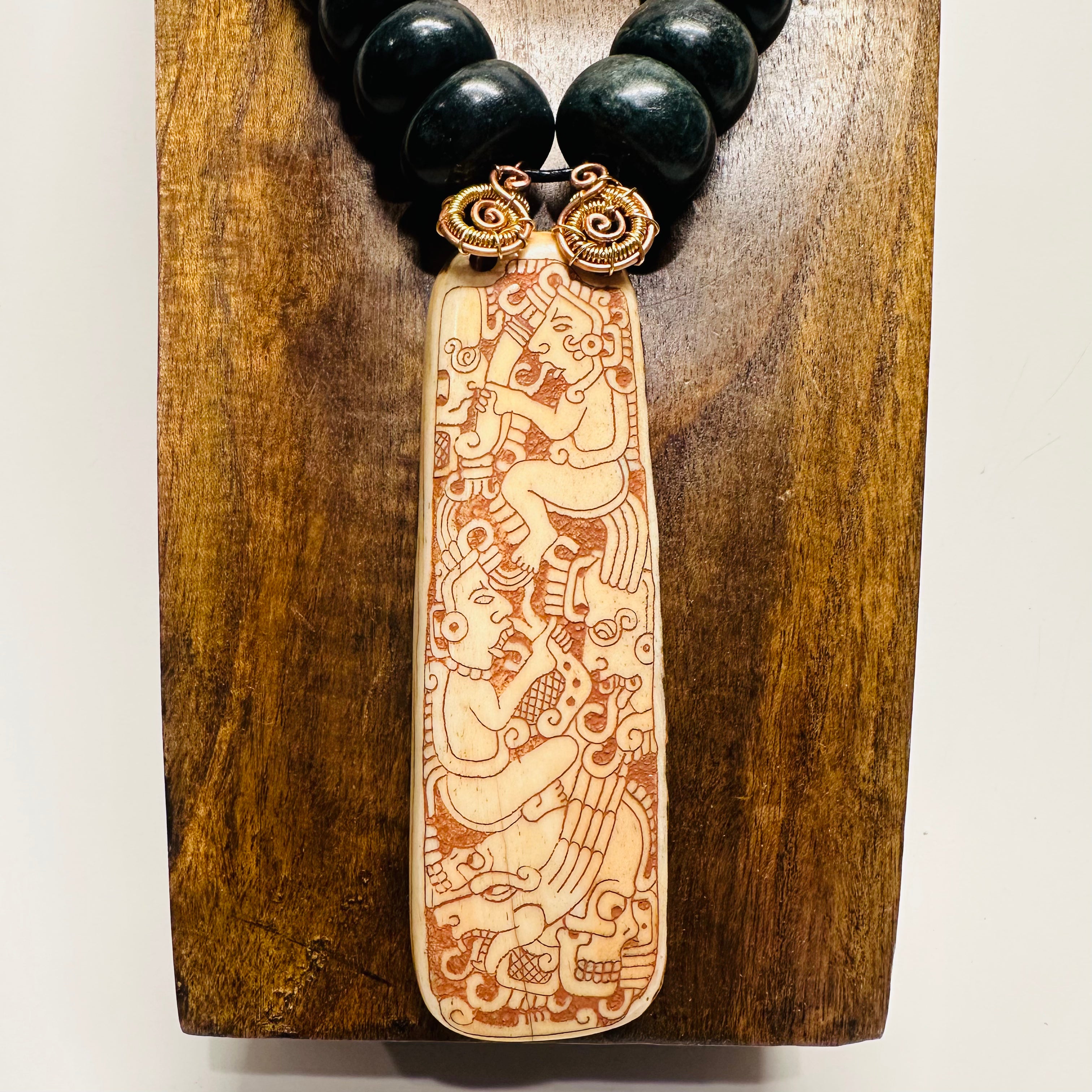 Necklace - Guatamala Jade with Hand Carved Bone Popol Vuh 7