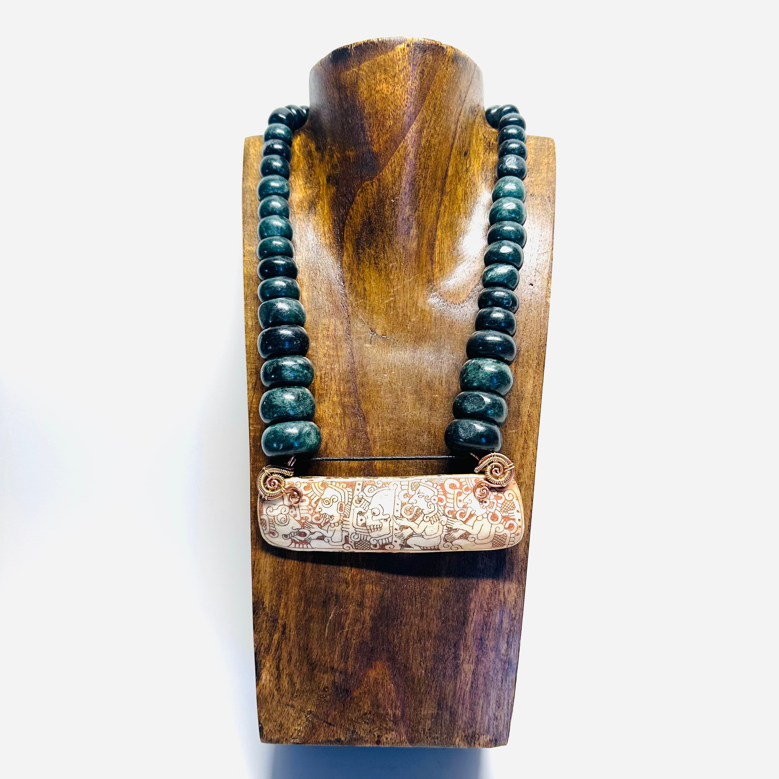 Necklace - Guatamala Jade with Hand Carved Bone Popol Vuh 2