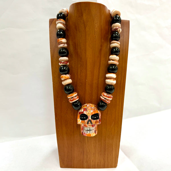 Necklace - Obsidian w Spiny Oyster Skull