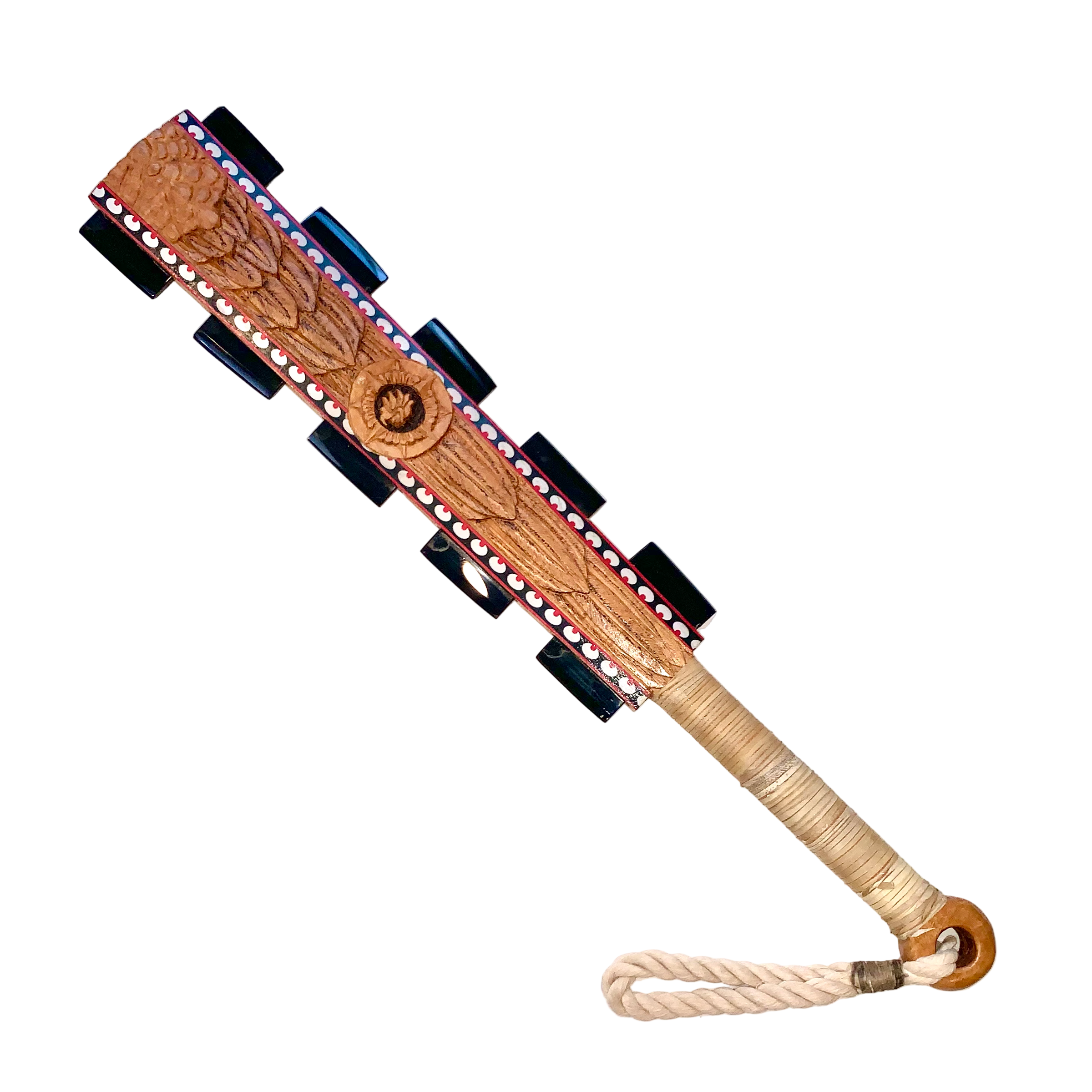 Macuahuitl (Aztec Club) - Eagle Feathers - 27" handmade wooden macuahuitl with Eagle Feathers design, wooden handle, and obsidian-style blade details.
