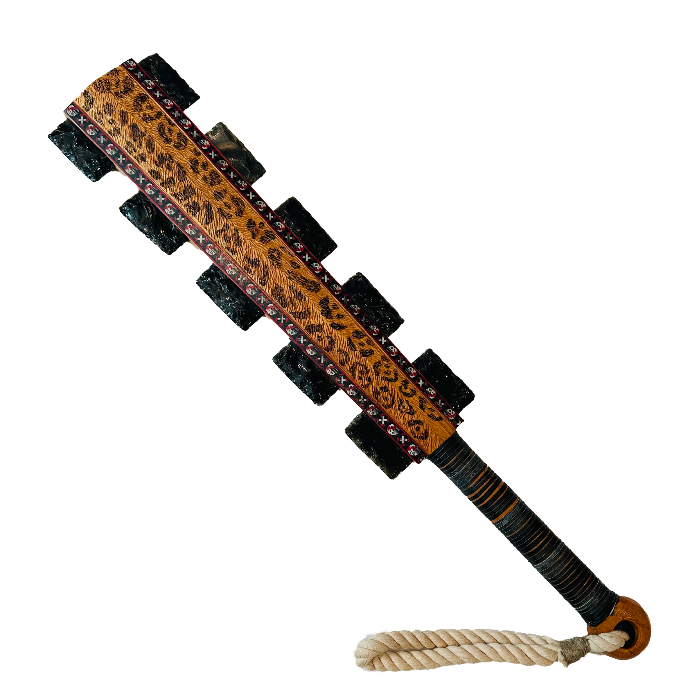 Macuahuitl (Aztec Club) - Jaguar - 27" handmade wooden macuahuitl with Jaguar design, wooden handle, and obsidian-style blade details.