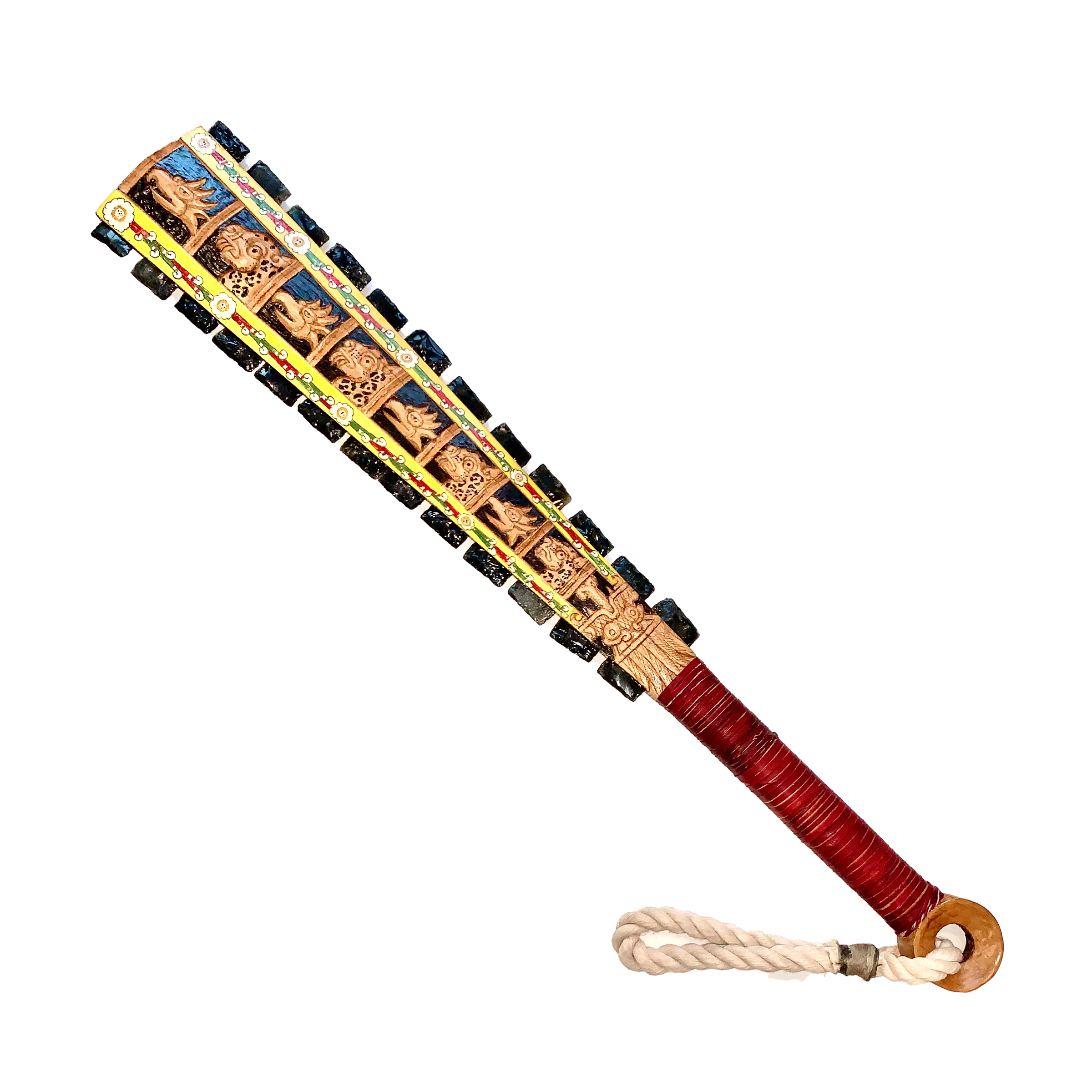 Macuahuitl (Aztec Club) - Eagle Jaguar 2 - 27" handmade wooden macuahuitl with Eagle Jaguar 2 design, wooden handle, and obsidian-style blade details.