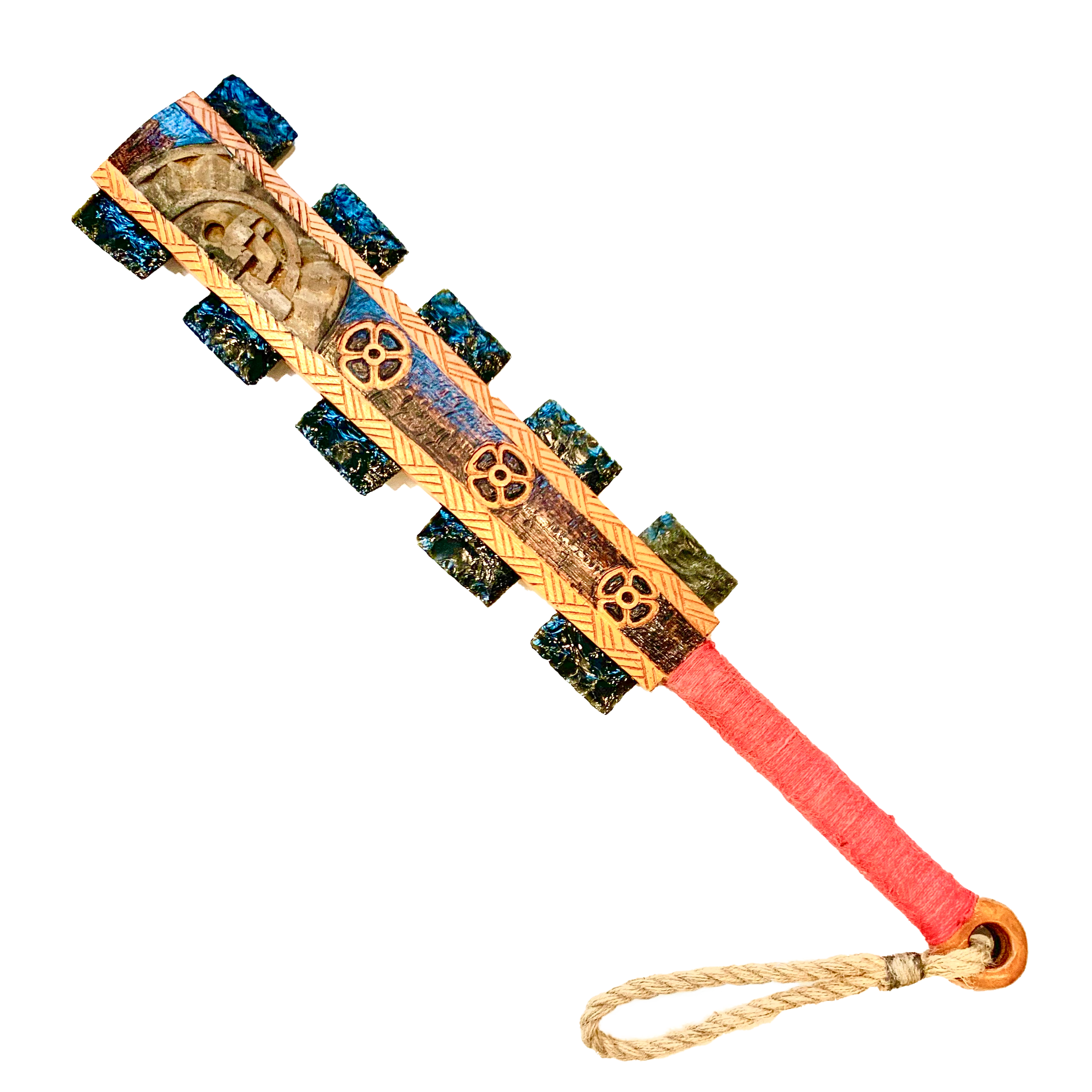 Macuahuitl (Aztec Club) - Teotihuacan - 27" handmade wooden macuahuitl with Teotihuacan design, wooden handle, and obsidian-style blade details.