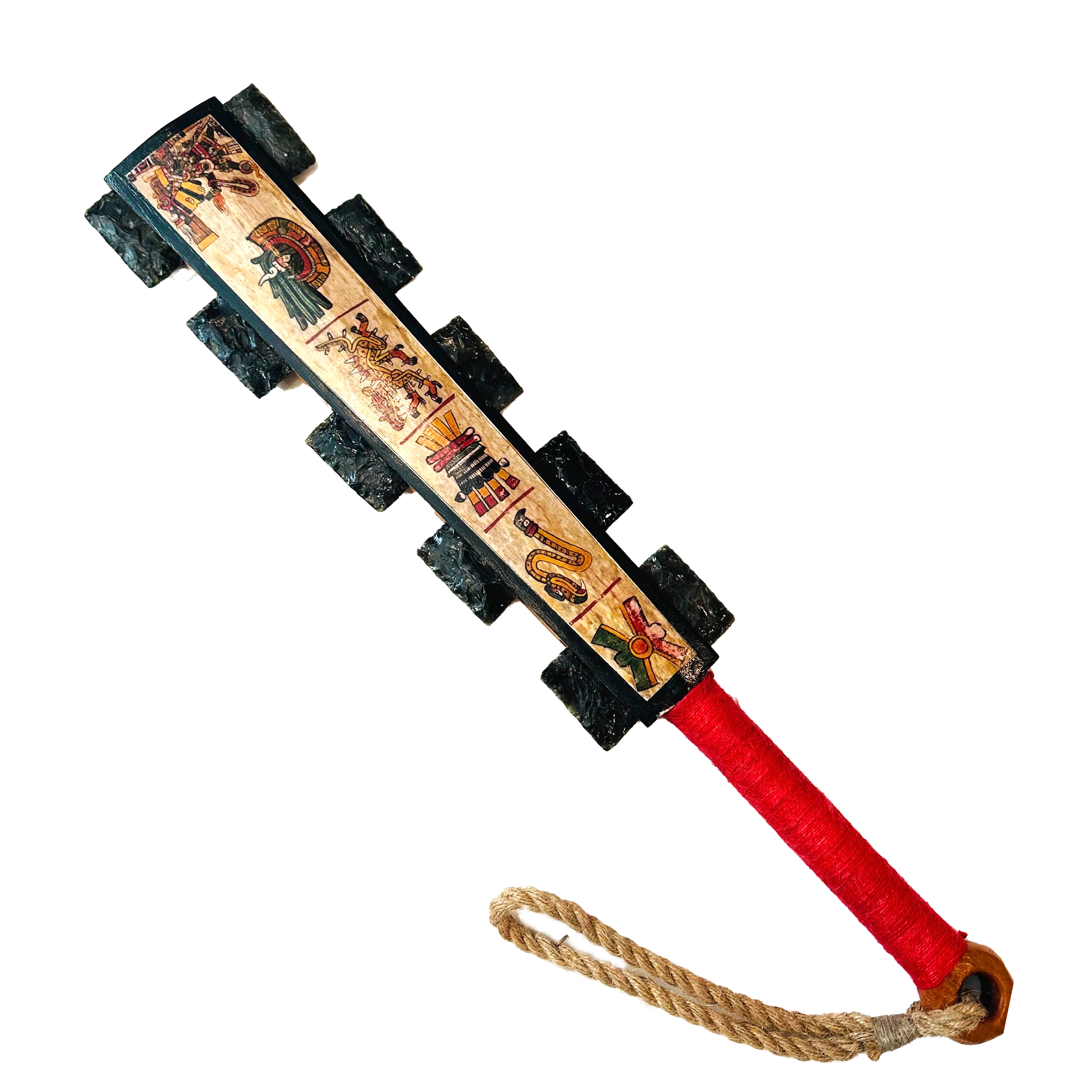 Macuahuitl (Aztec Club) - Codice 2 - 27" handmade wooden macuahuitl with Codice 2 design, wooden handle, and obsidian-style blade details.