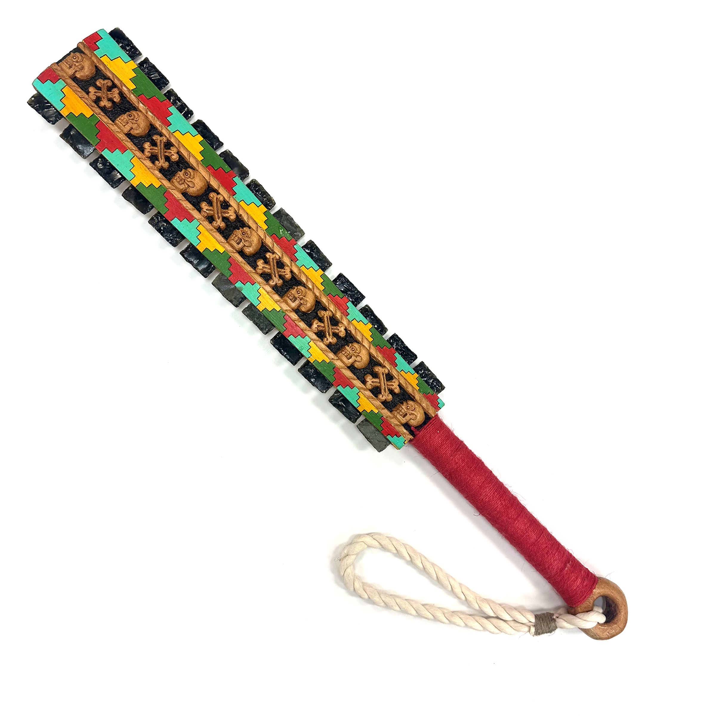 Macuahuitl (Aztec Club) - Skull & Cross Bones - 27" handmade wooden macuahuitl with Skull & Cross Bones design, wooden handle, and obsidian-style blade details.