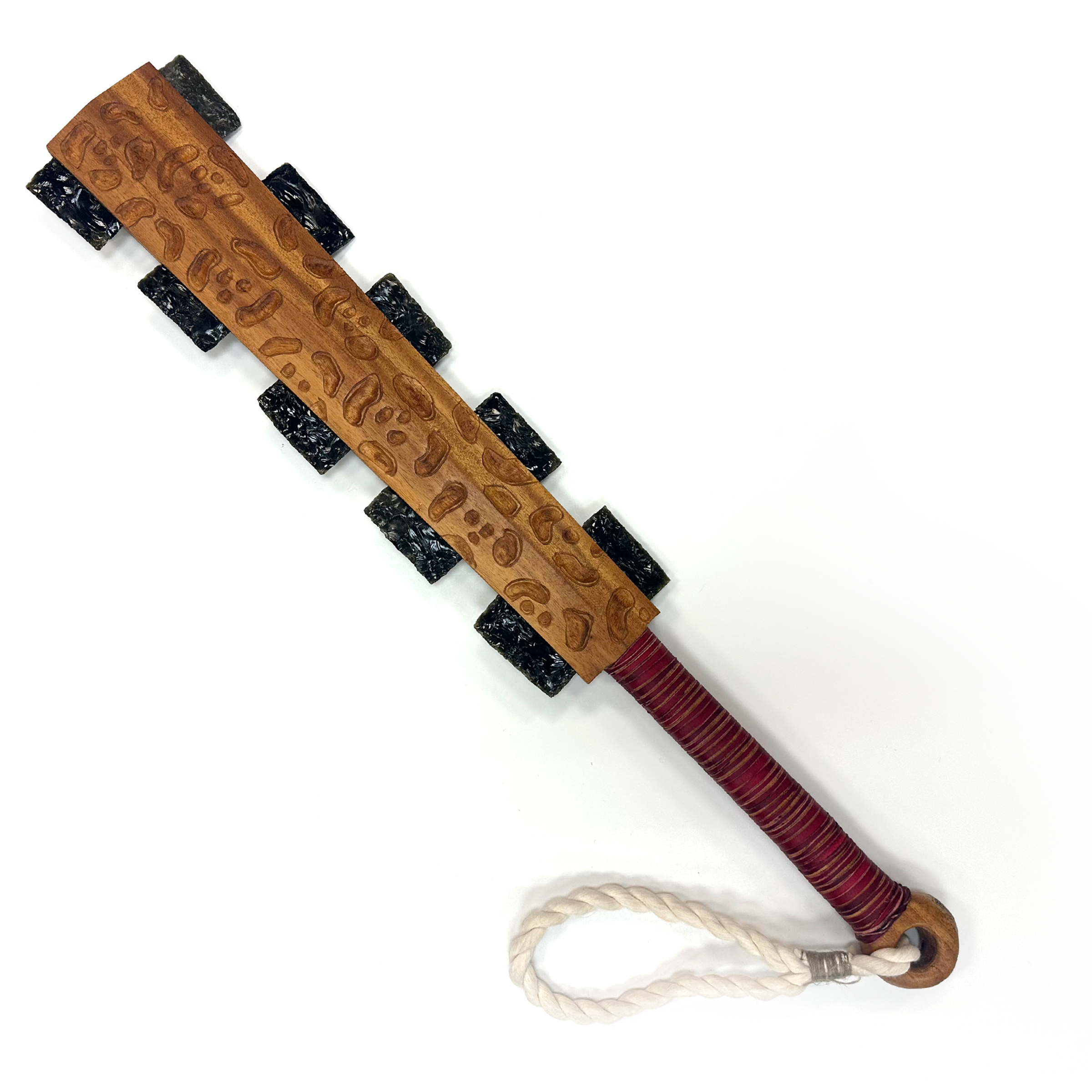 Macuahuitl (Aztec Club) - Spot & Feather - 27" handmade wooden macuahuitl with Spot & Feather design, wooden handle, and obsidian-style blade details.