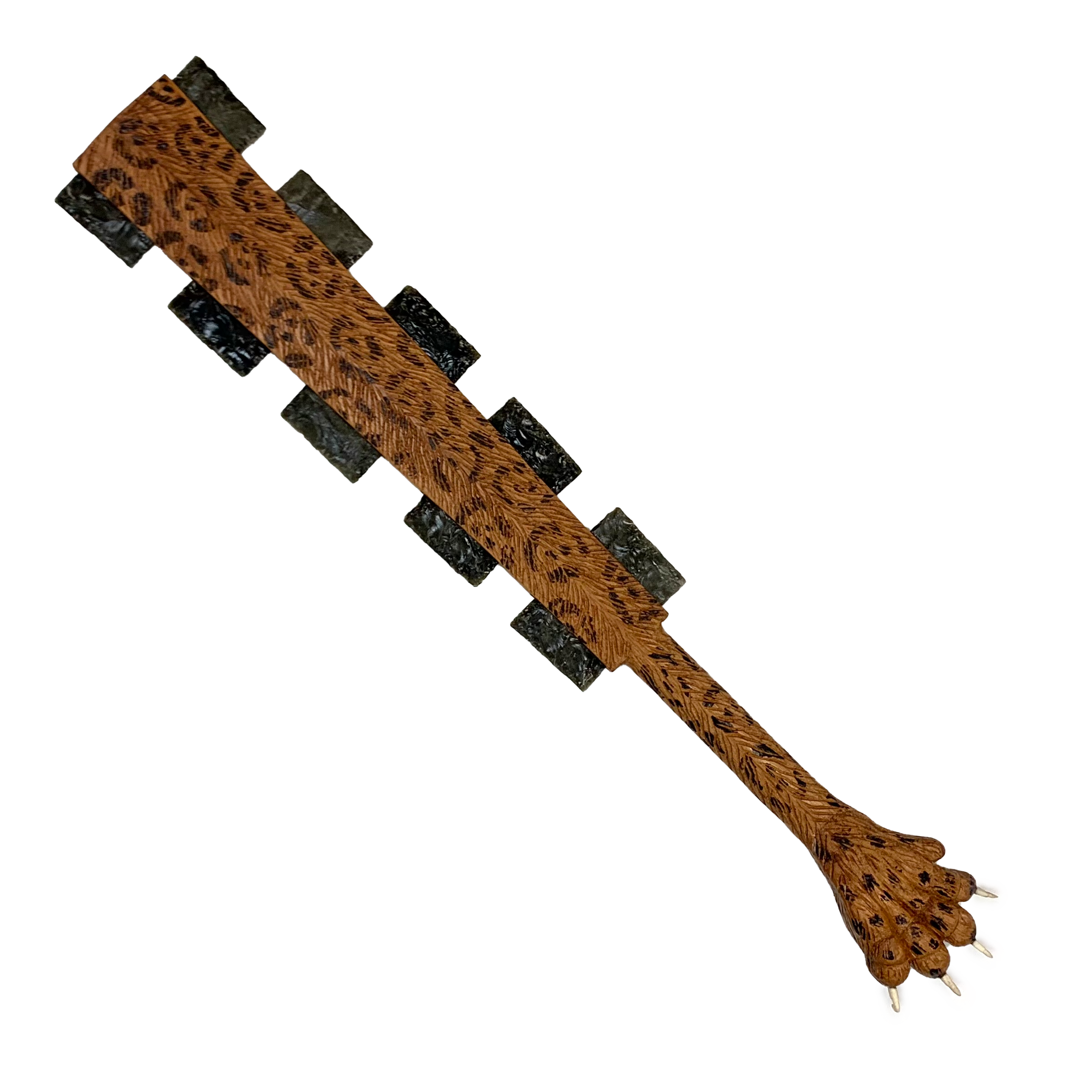 Macuahuitl (Aztec Club) - Jaguar Paw - 27" handmade wooden macuahuitl with Jaguar Paw design, wooden handle, and obsidian-style blade details.