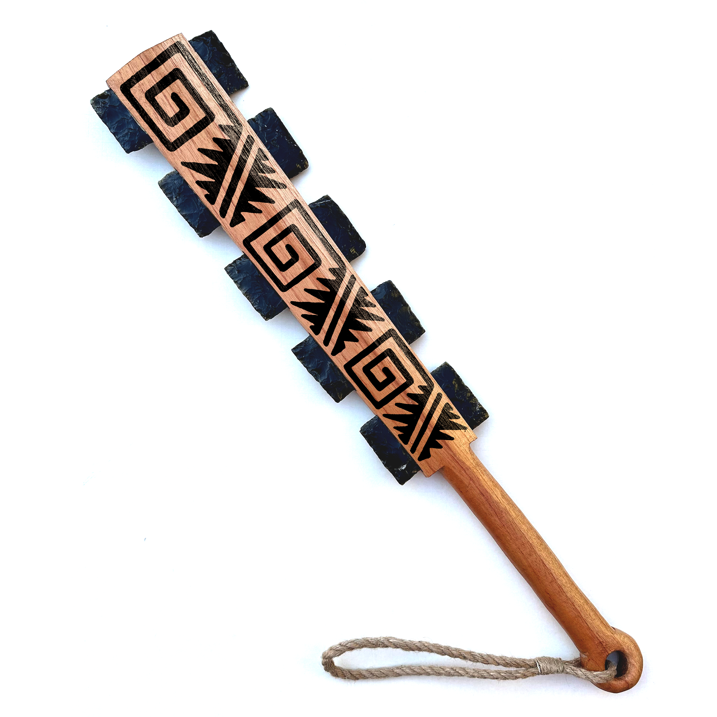 Macuahuitl (Aztec Club) - Grecas 1 - 27" handmade wooden macuahuitl with Grecas 1 design, wooden handle, and obsidian-style blade details.