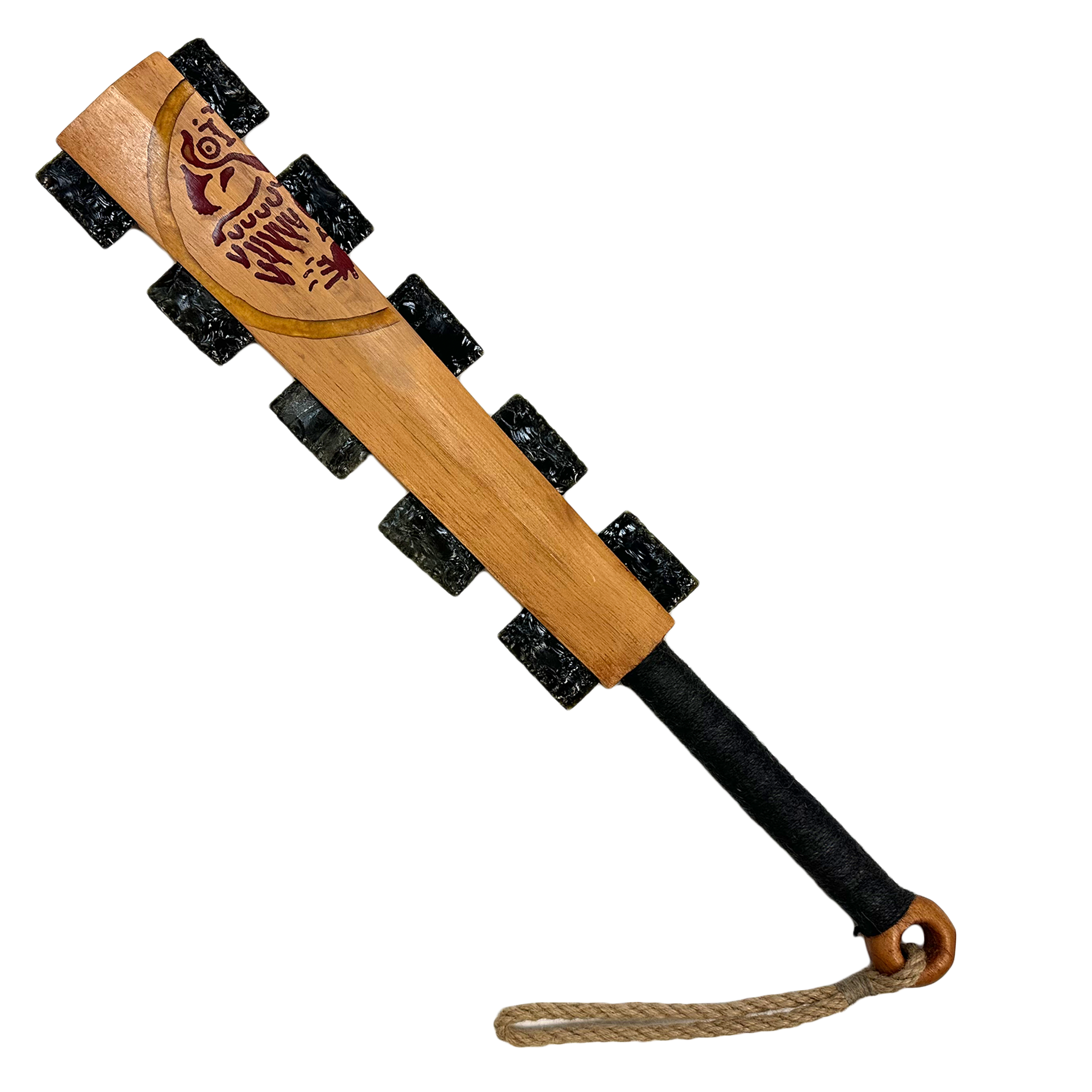 Macuahuitl (Aztec Club) - Eagle - 27" handmade wooden macuahuitl with Eagle design, wooden handle, and obsidian-style blade details.
