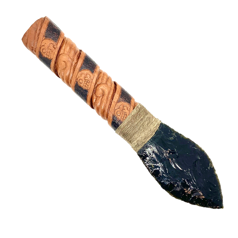 Tecpatl - Obsidian blade w wood swirl skulls handle