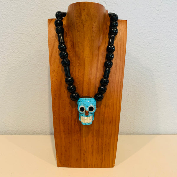 Necklace - Obsidian necklace w turquoise mosaic skull