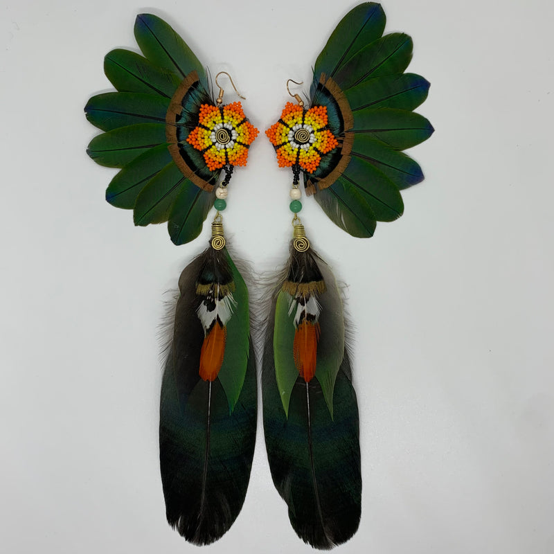 Feather Wing Earrings w Beaded flower 36
