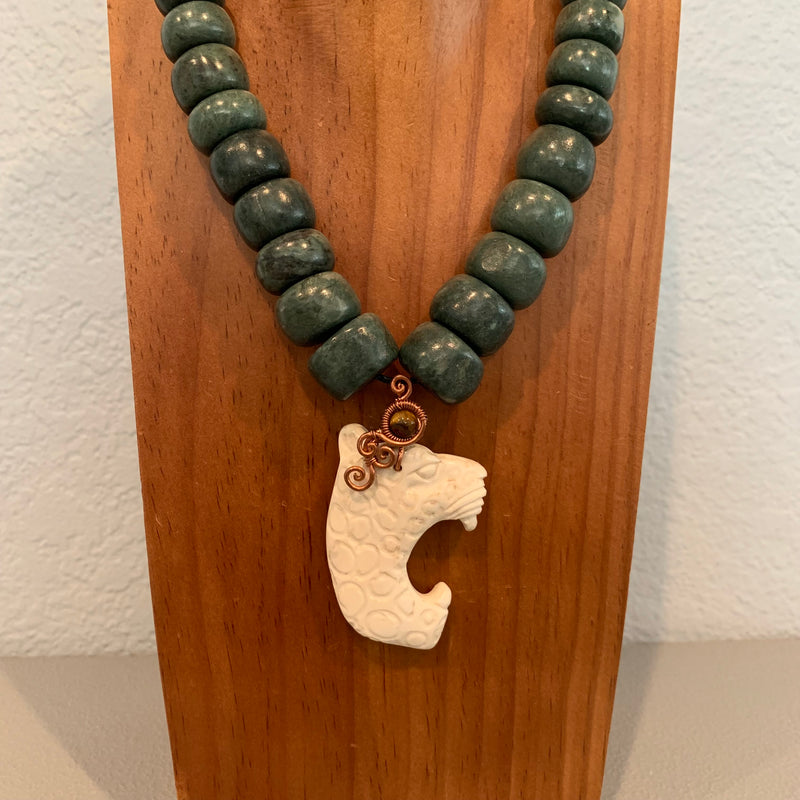 Necklace - Guatamala Jade w bone resin Jaguar