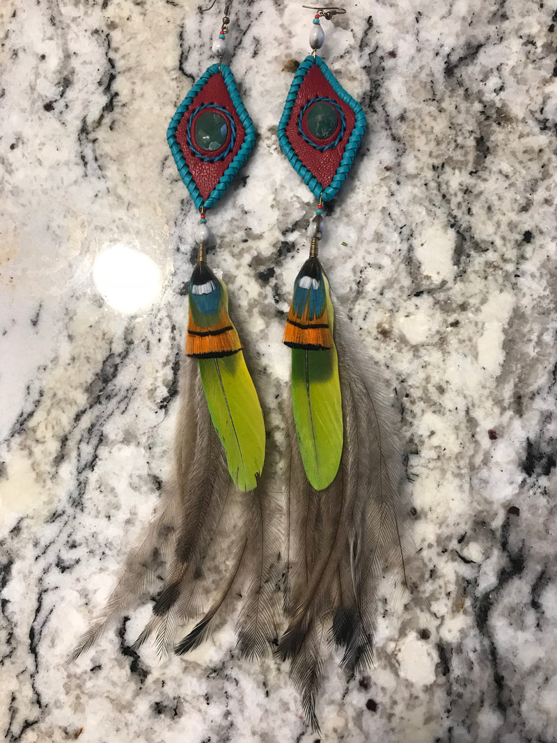 Earrings - Leather, stone n feathers